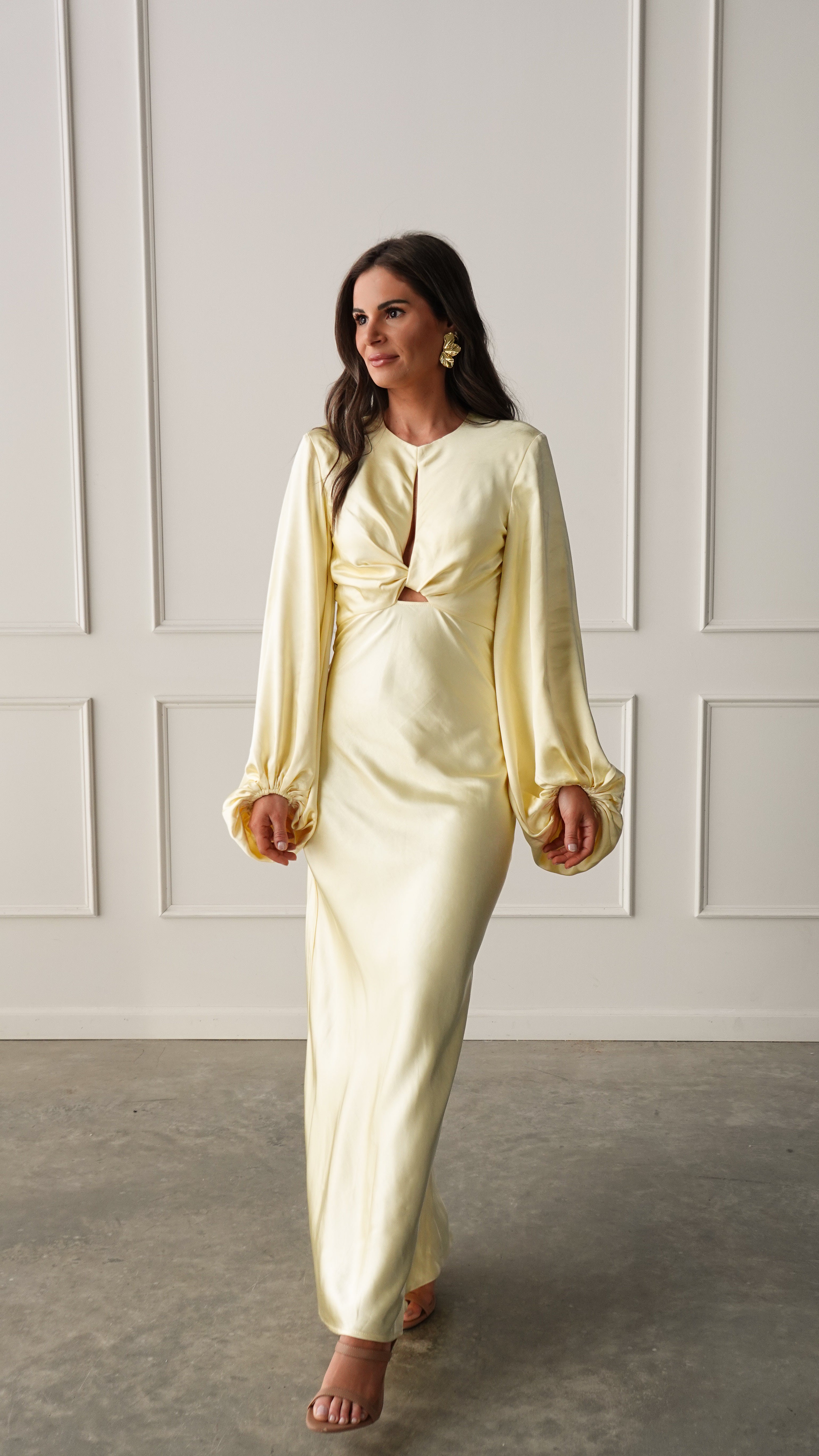Yellow Long Sleeve Satin Dress | Elegant Women's Fashion by coolavocek