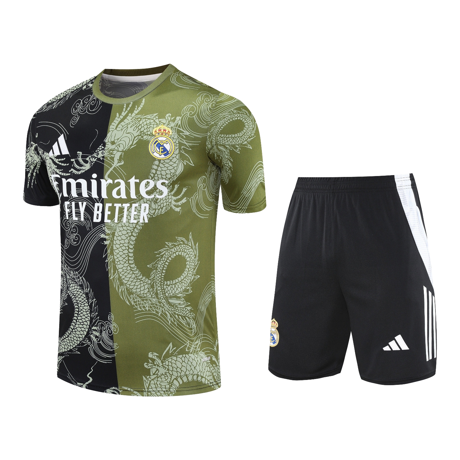 AlphaJersey-Real Madrid 25-26 Short-Sleeve Training Set - Green-Black Dragon Top & Black-White Shorts