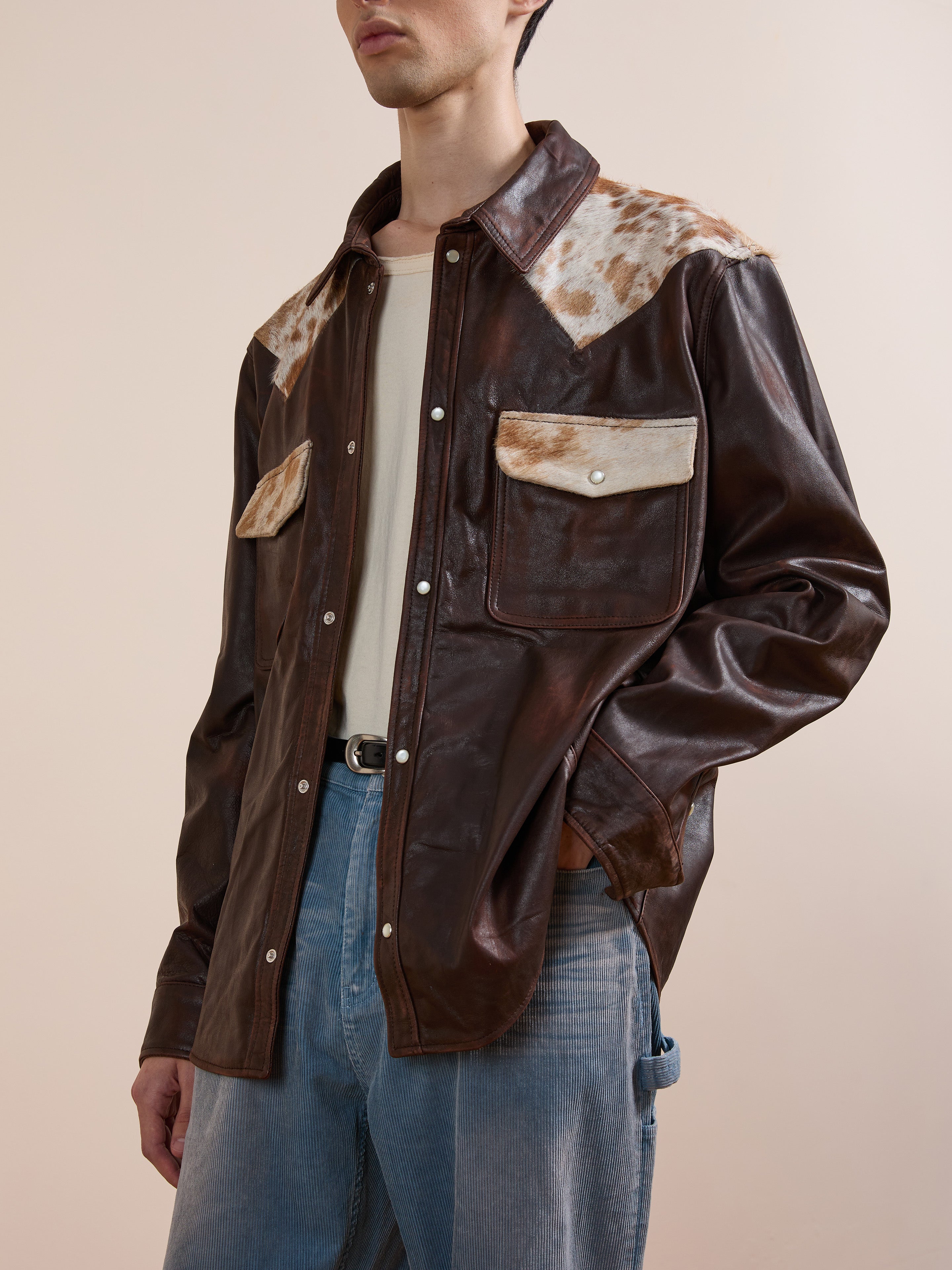 Distressed Leather Cowhide Contrast Western Shirt | Modern Menswear by yycbvcnbmmnbm