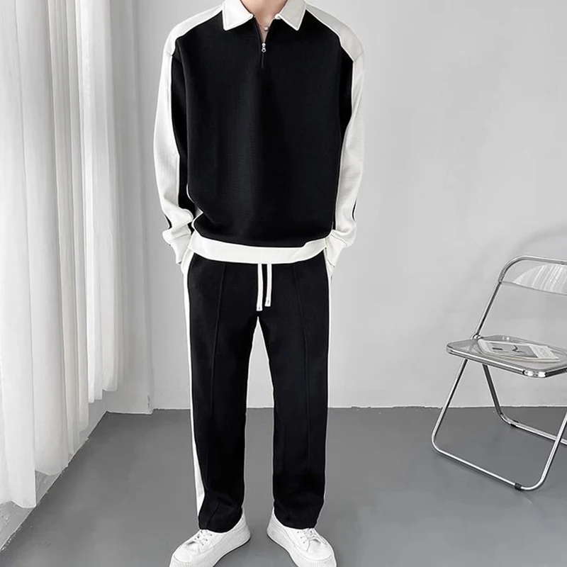 Spring Autumn Korean Fashion Patchwork Sweatshirt Elastic Casual Sweatpants Set Men Loose Comfortable Sporty Pullover Top Pants