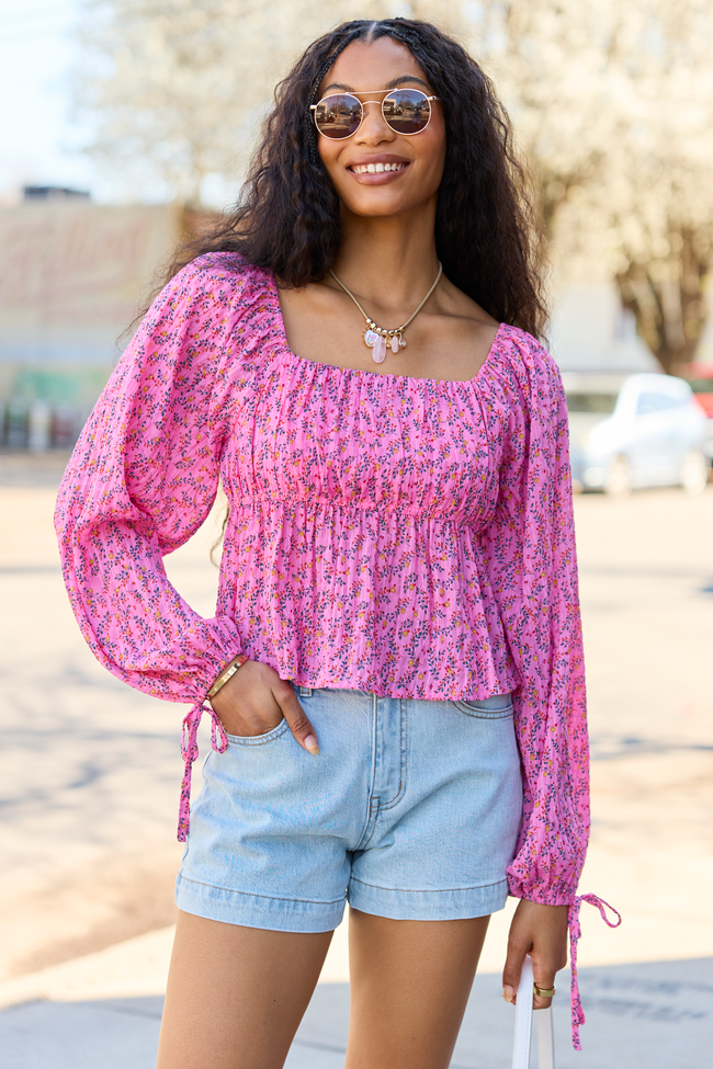 Evelina Pink Floral Ruched Babydoll Top | Elegant Women's Fashion by coolavocek