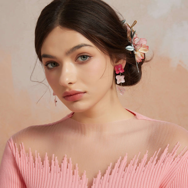 Two-Tone Pink Red Hydrangea Drop Earrings