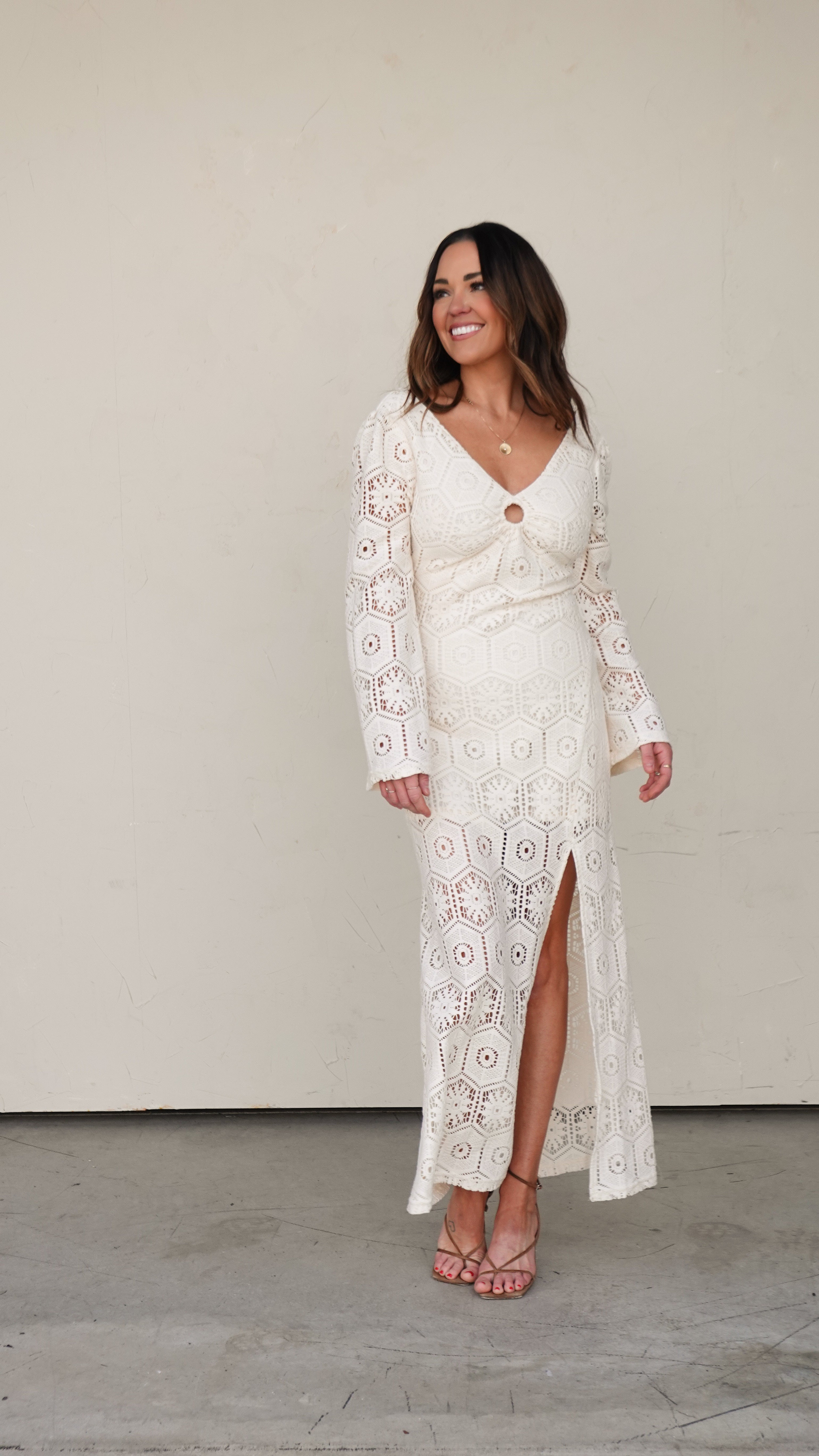 Ivory Crochet Long-Sleeve Maxi Dress | Elegant Women's Fashion by coolavocek