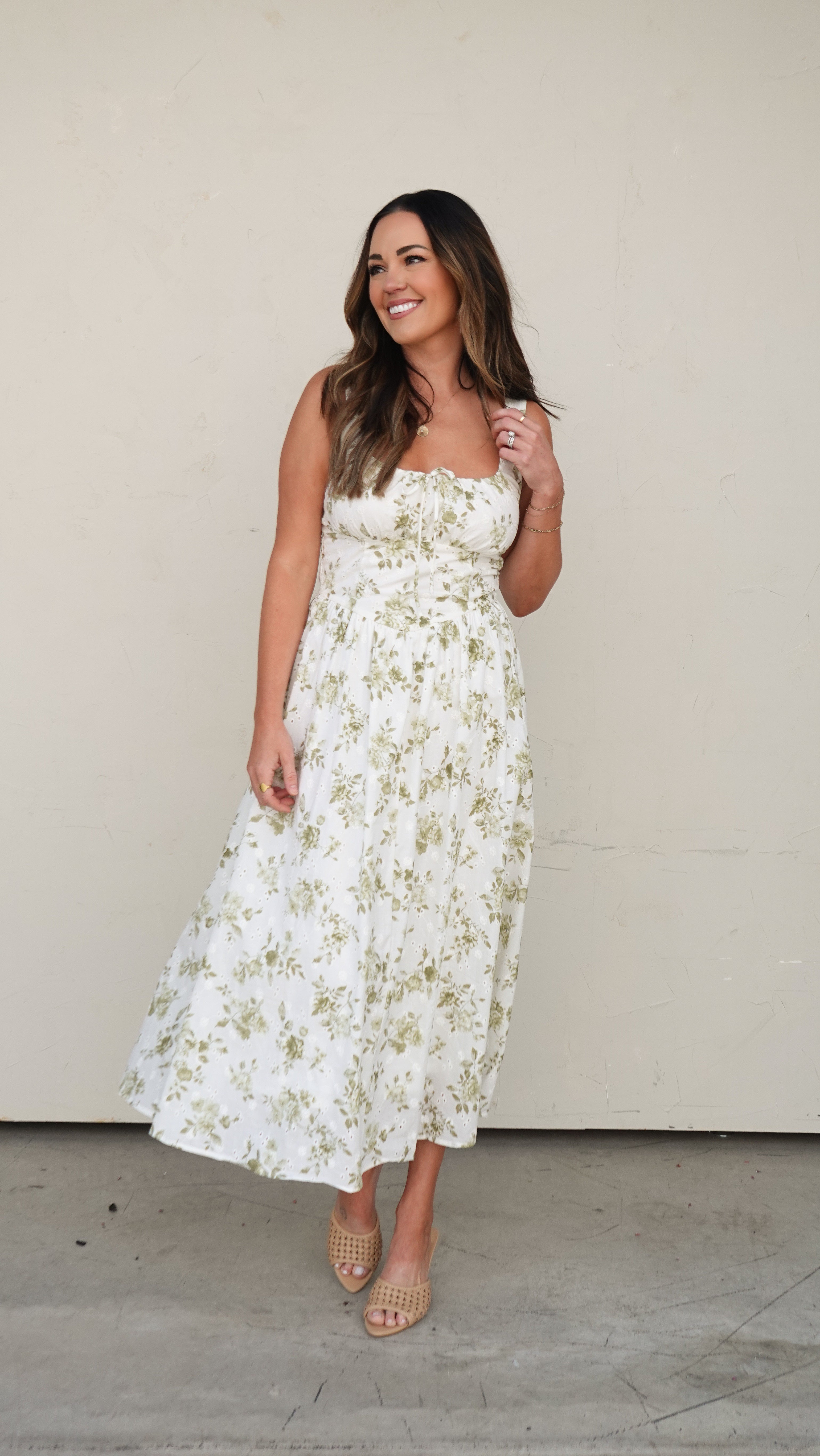 Green Floral Eyelet Midi Dress | Elegant Women's Fashion by coolavocek