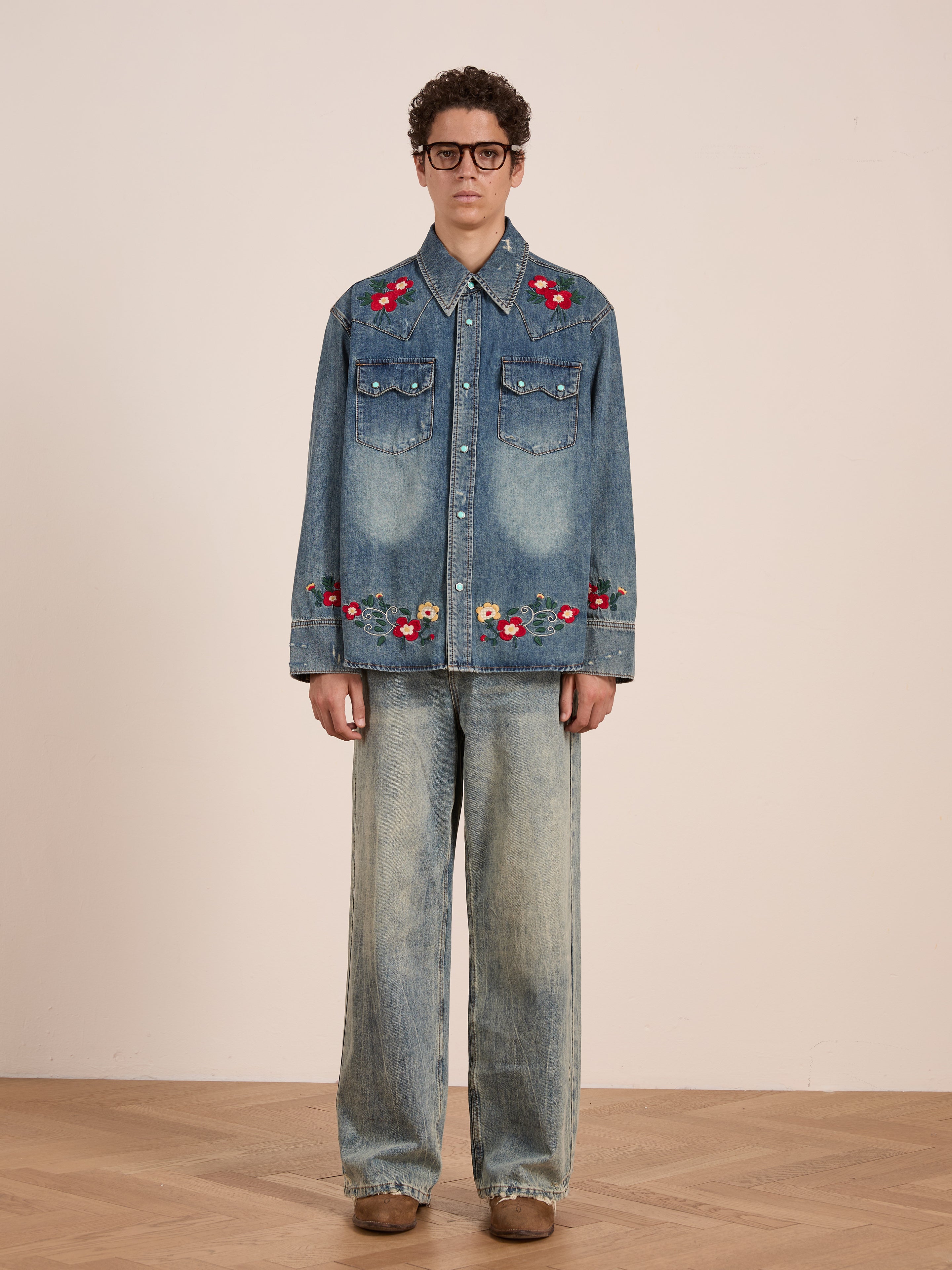 Floral Embroidered Western Denim Shirt | Modern Menswear by yycbvcnbmmnbm