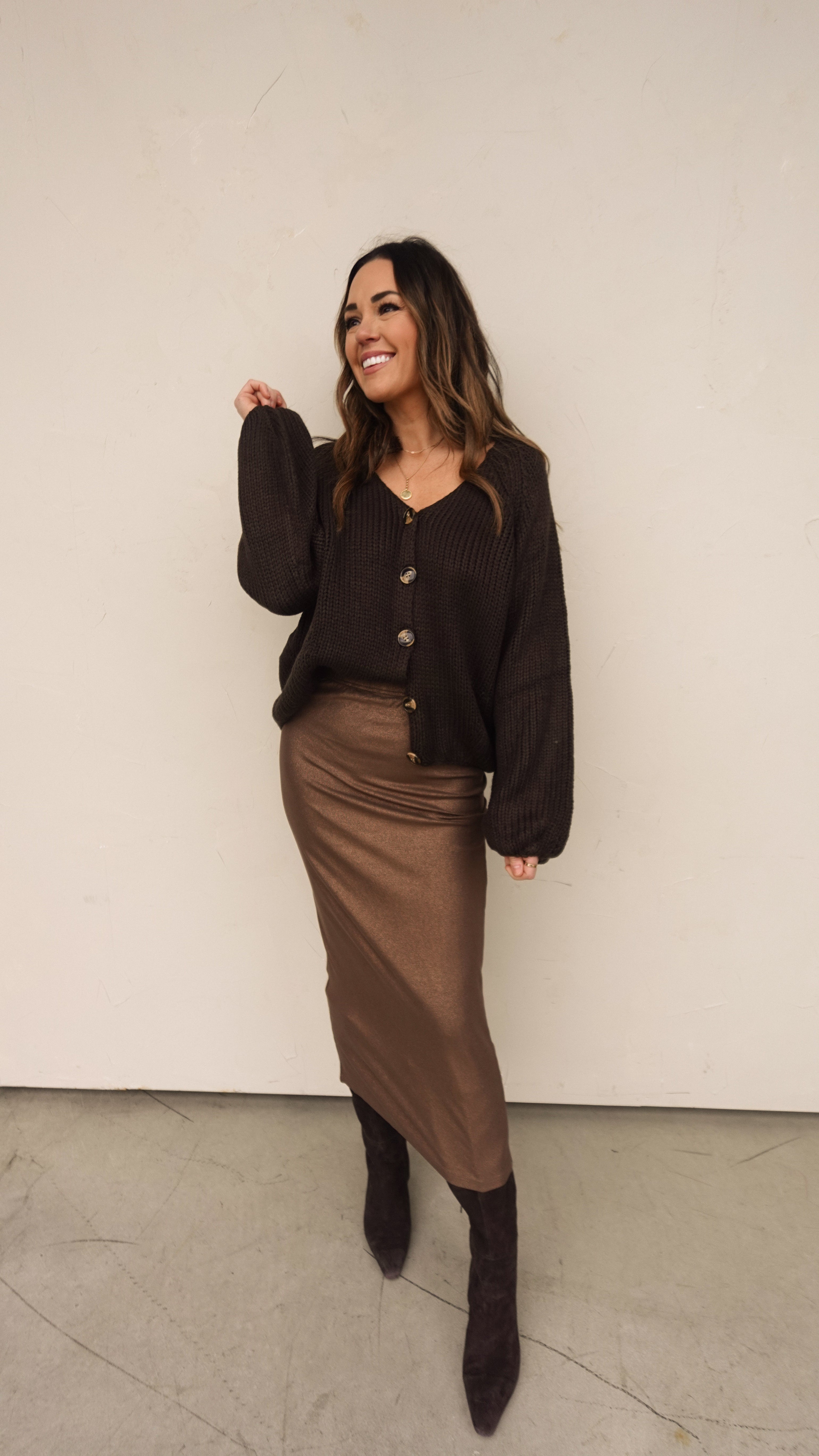 Coffee Metallic Ribbed Midi Skirt | Elegant Women's Fashion by coolavocek