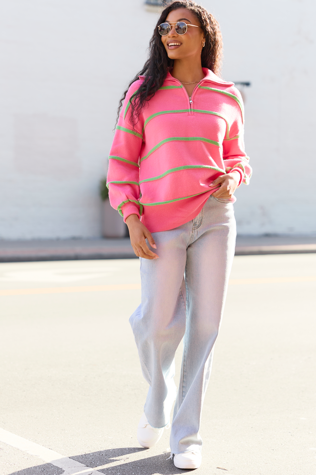 Sunday Stripe Club Pink And Green Quarter Zip | Elegant Women's Fashion by coolavocek