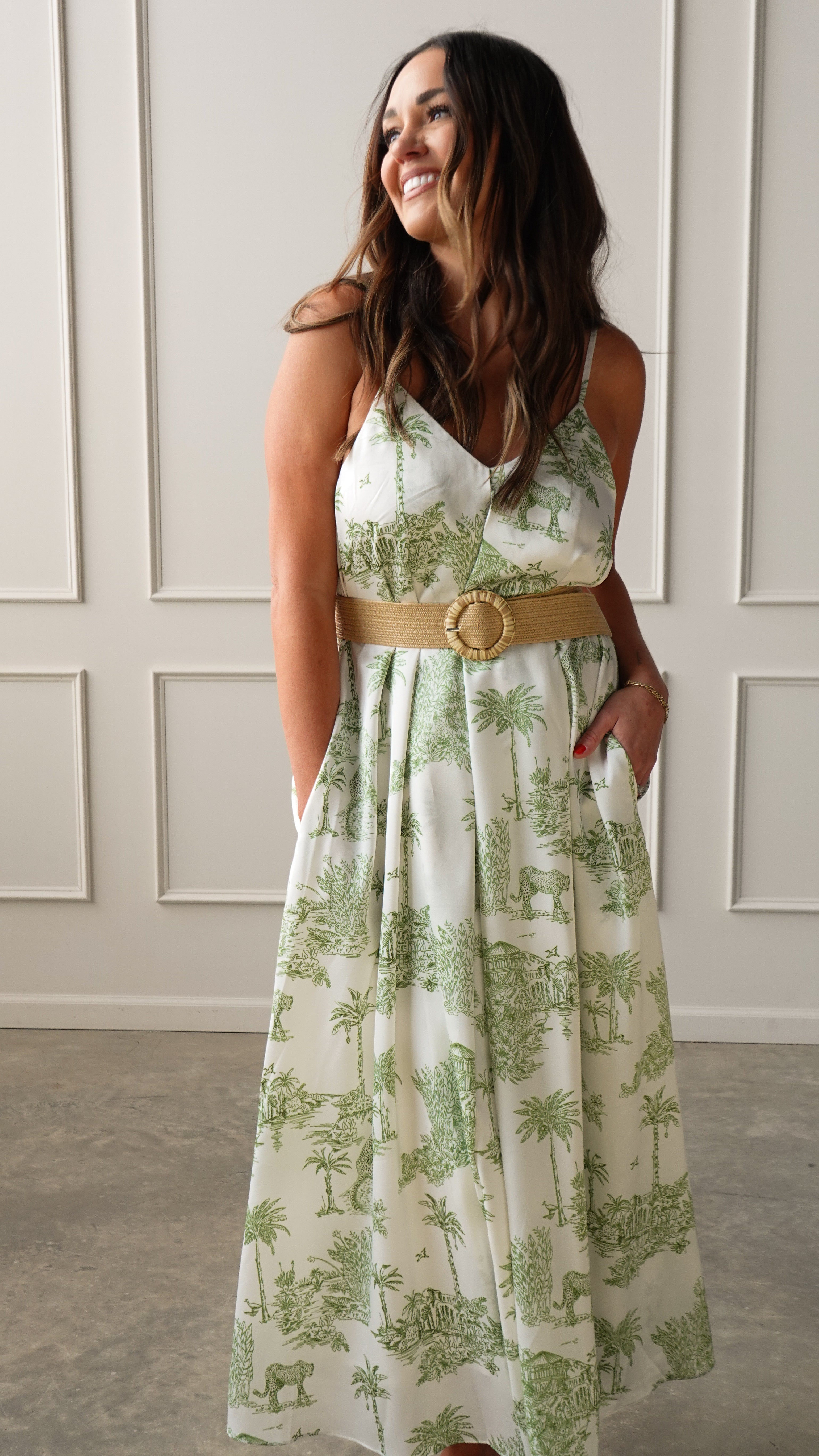 Palm Green Belted Dress | Elegant Women's Fashion by coolavocek