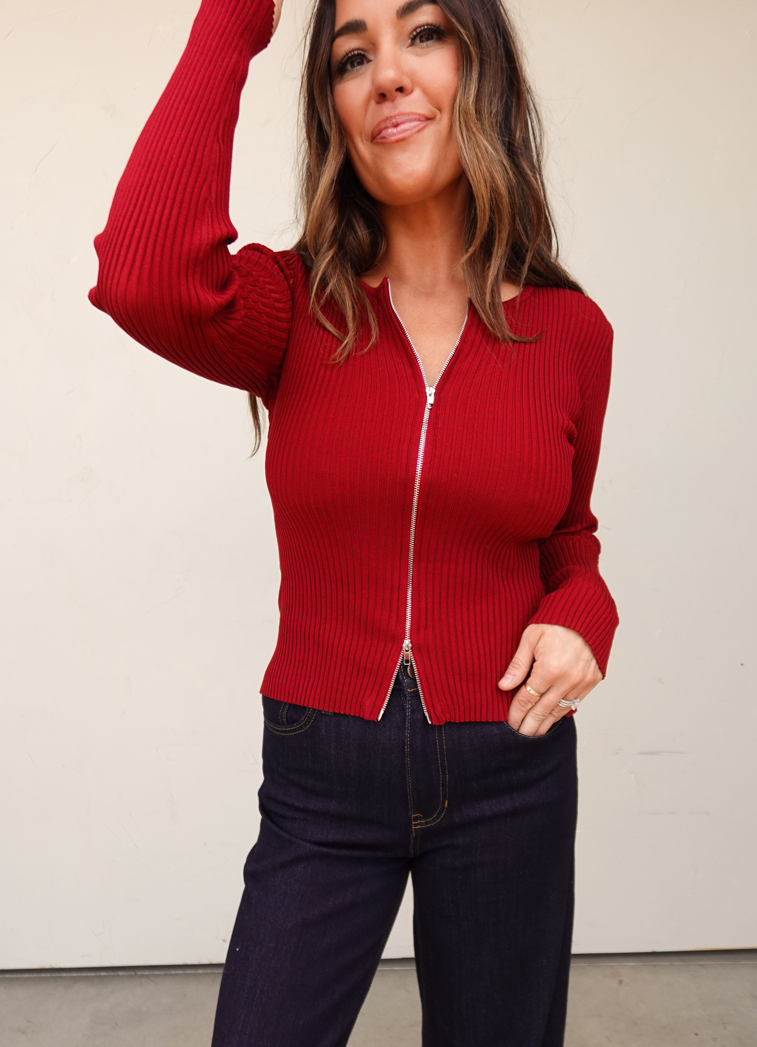 Wine Ribbed Knit Zipper Cardigan | Elegant Women's Fashion by coolavocek