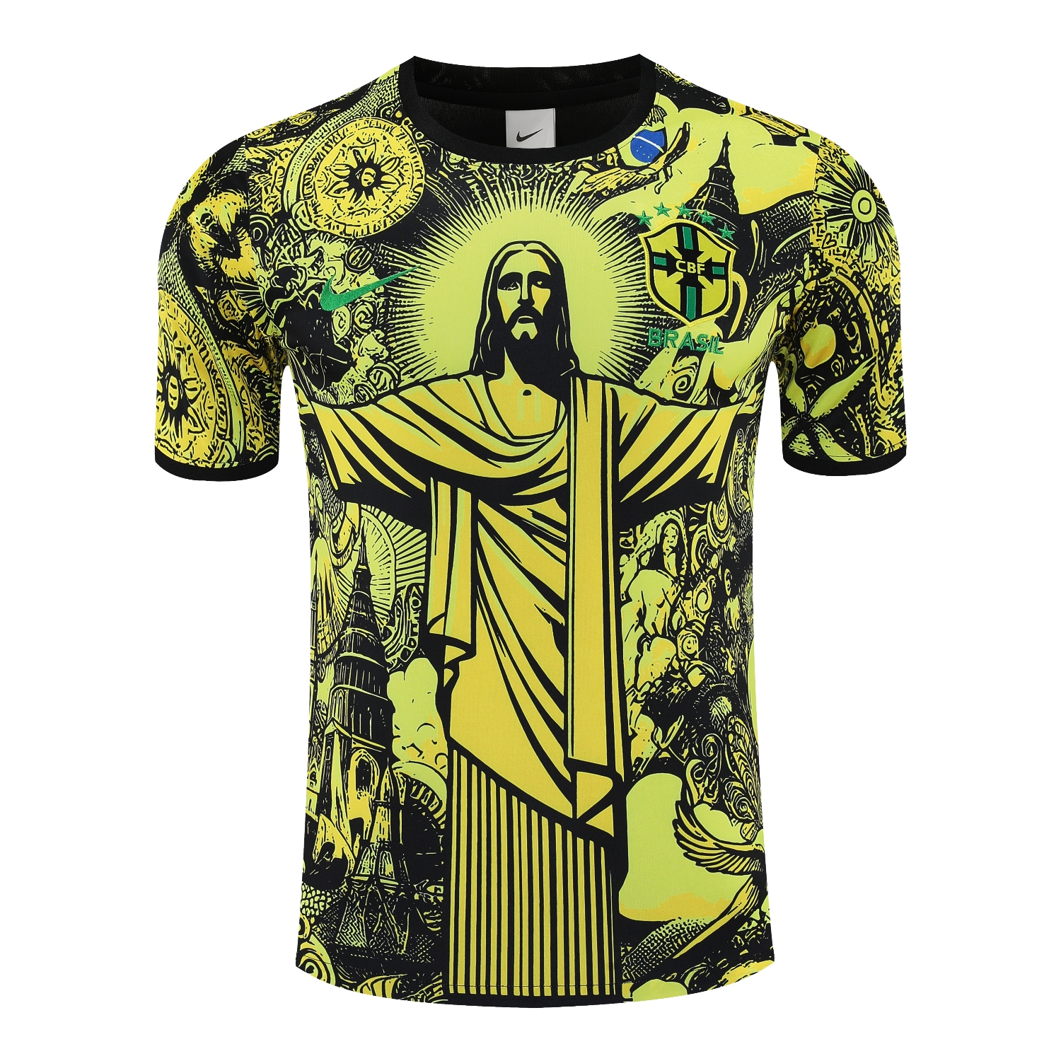 AlphaJersey-Brazil 25-26 Yellow Jesus Statue Short-Sleeve Training Set - Yellow Top & Black Shorts