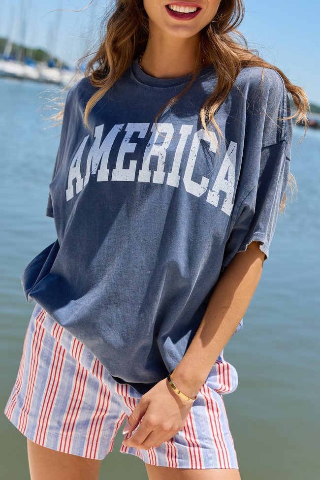 America Distressed Navy Oversized Graphic Tee | Elegant Women's Fashion by coolavocek