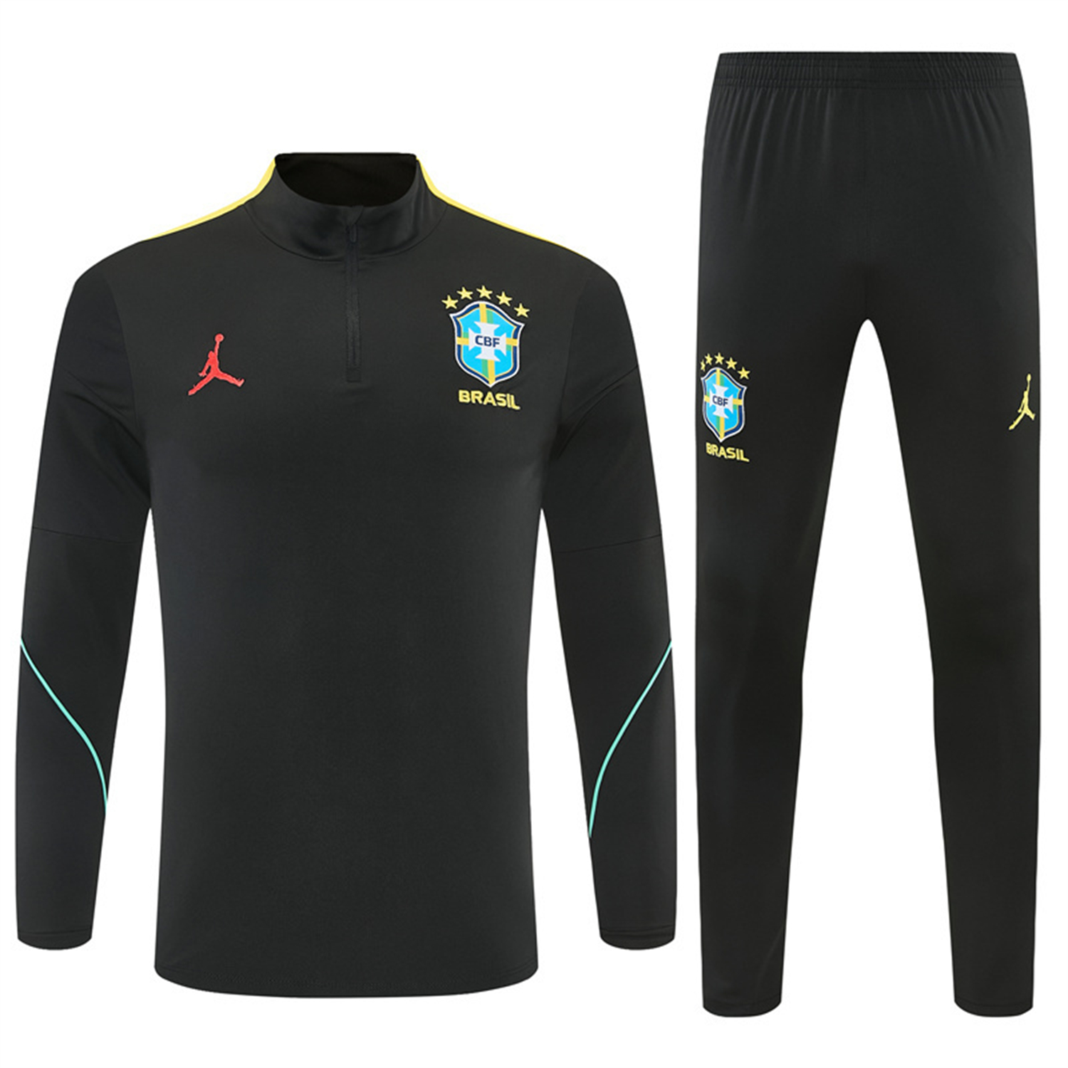 AlphaJersey-Brazil X JD 2026 Kids Long Sleeves Training Set - Black Top And Black Yellow Pants