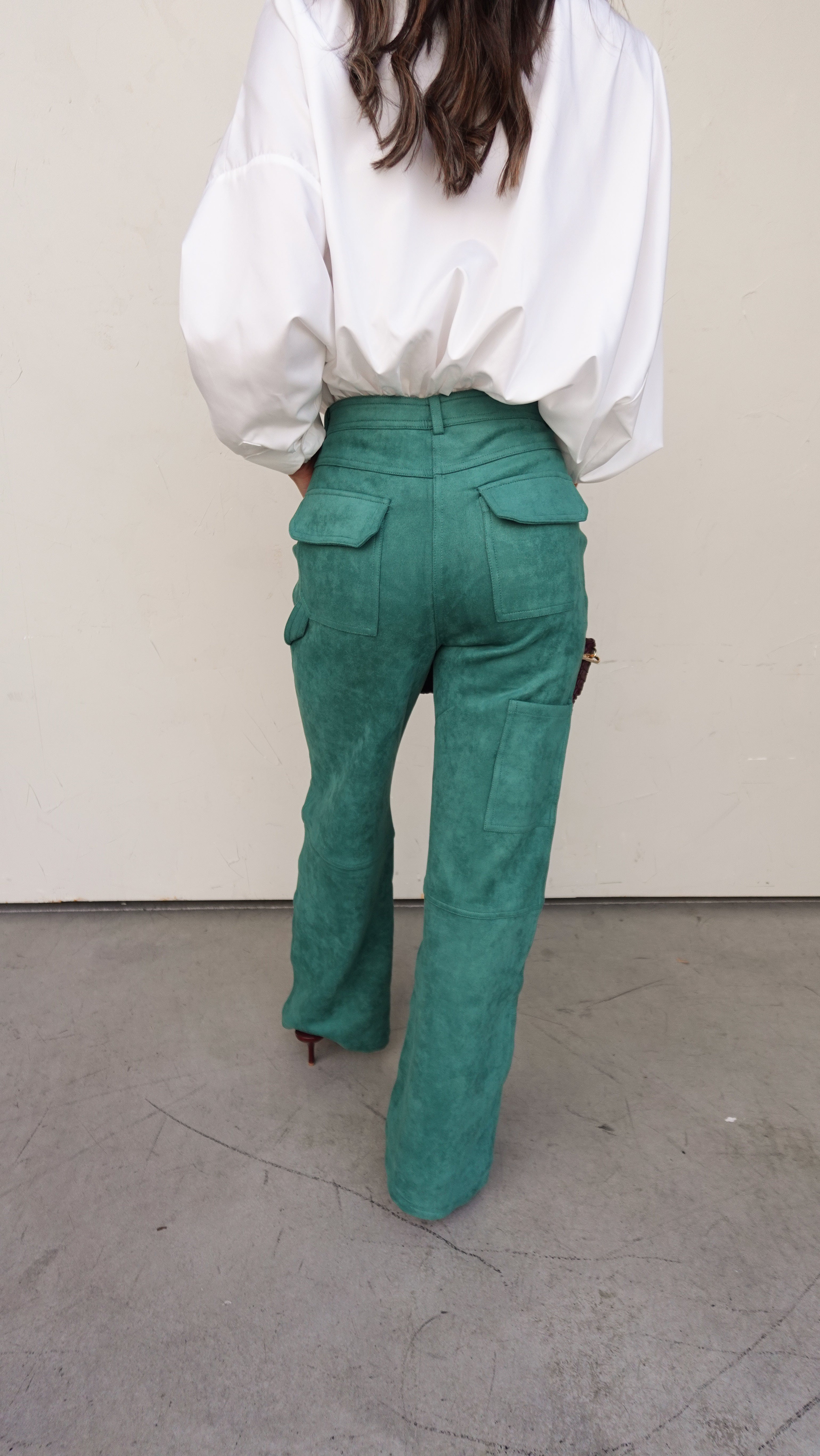 Green Suede Utility Pant | Elegant Women's Fashion by coolavocek