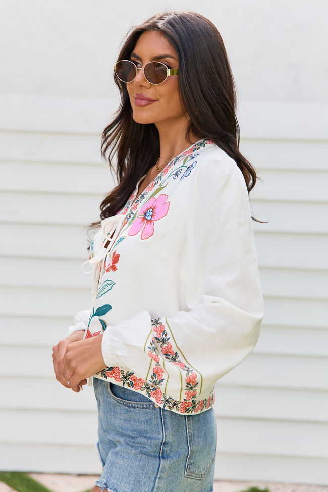 Maclyn White Floral Long Sleeve Tie Front Top | Elegant Women's Fashion by coolavocek