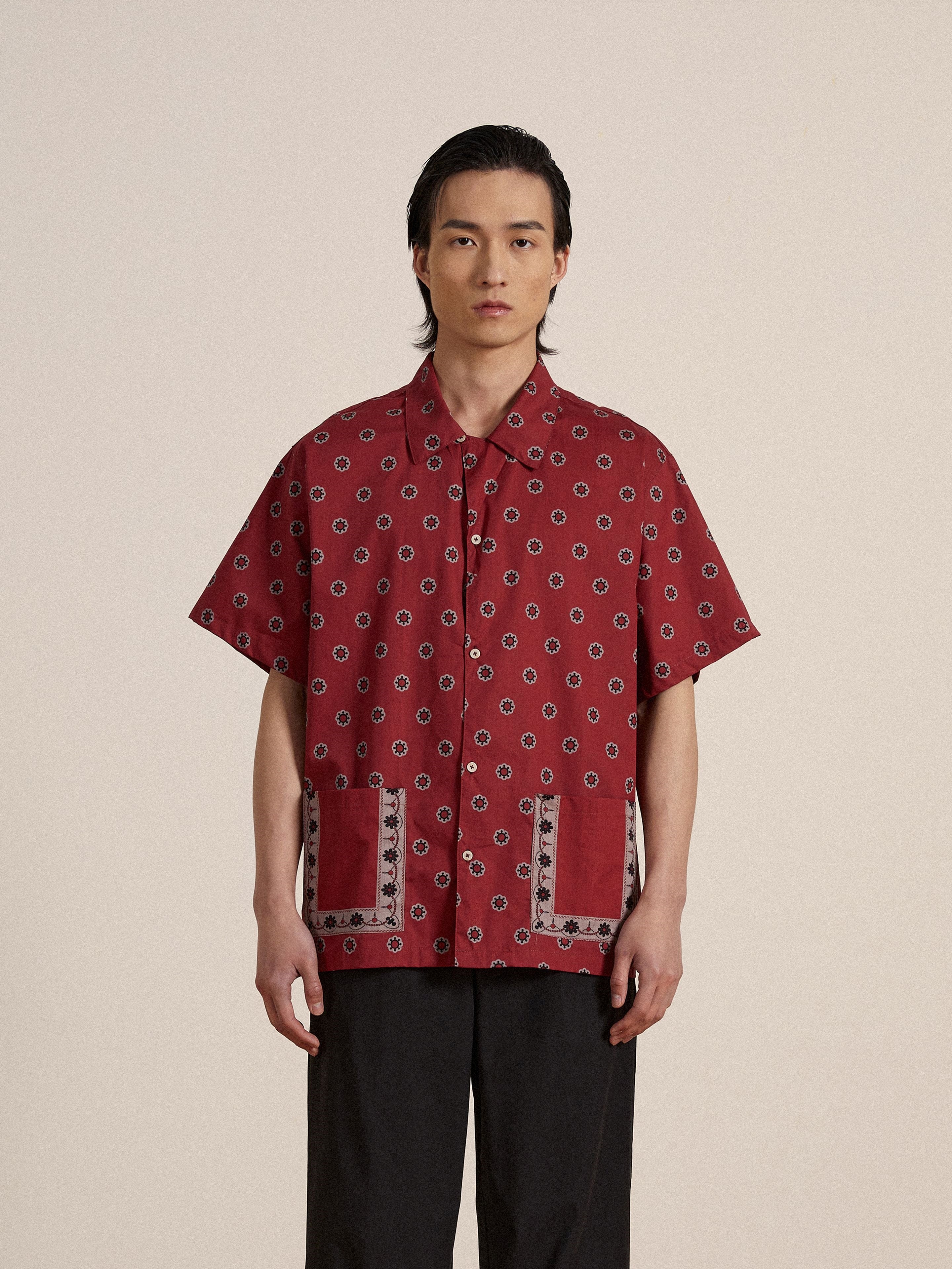 Red Motif SS Camp Shirt | Modern Menswear by yycbvcnbmmnbm