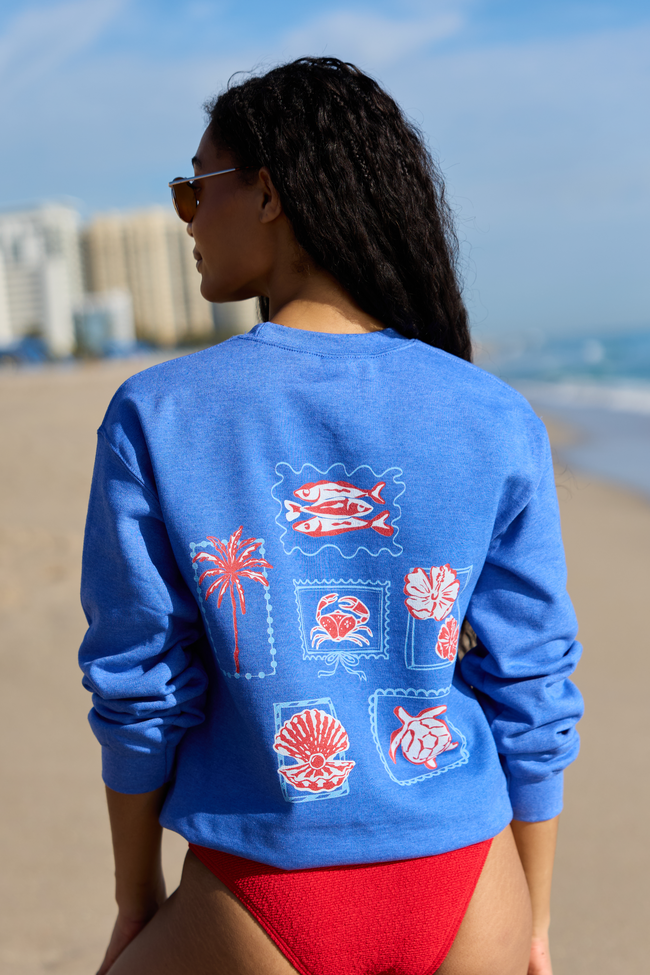 Coastal Stamps Blue Graphic Sweatshirt | Elegant Women's Fashion by coolavocek