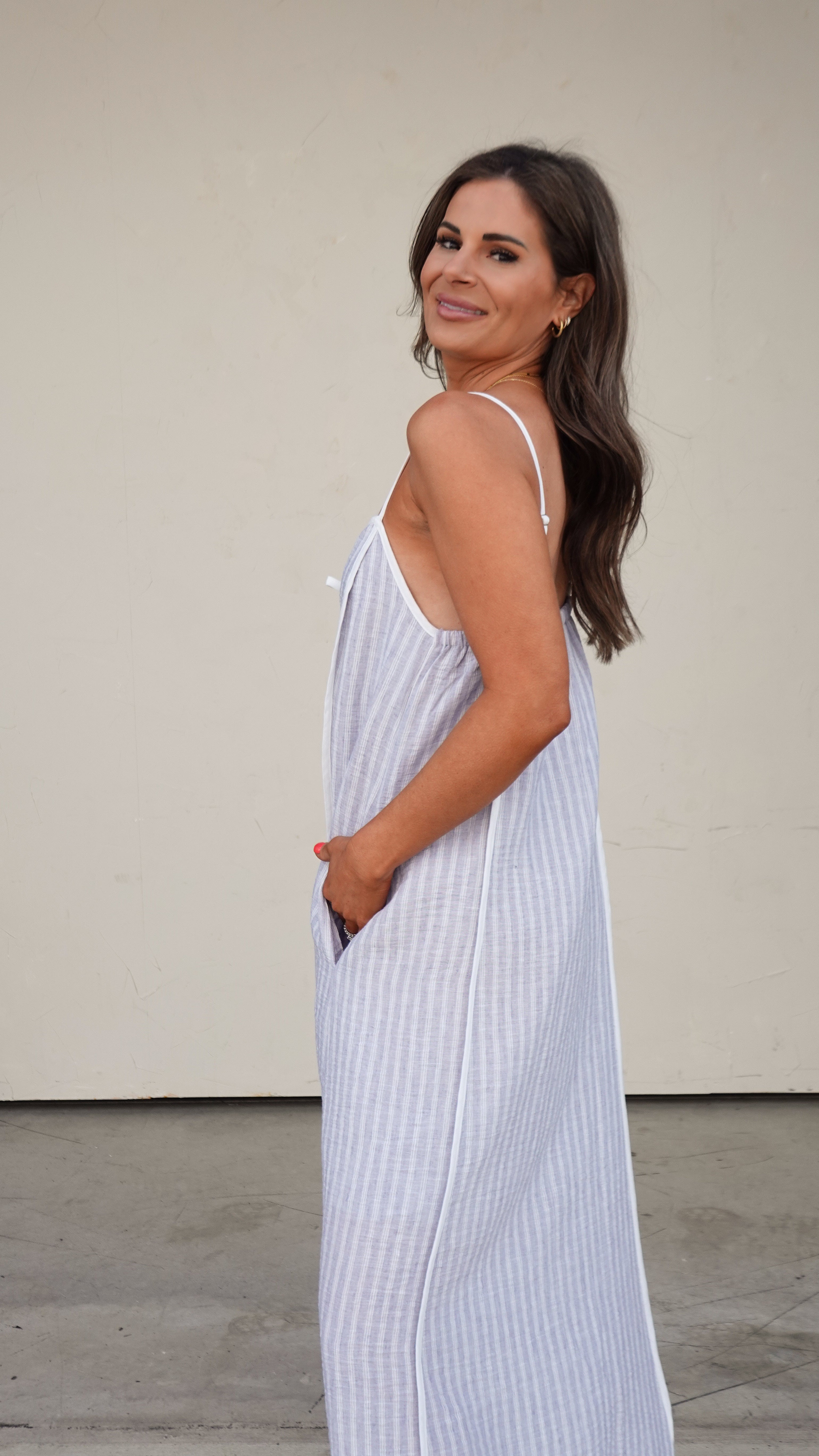 Blue Striped Sleeveless Midi Dress | Elegant Women's Fashion by coolavocek