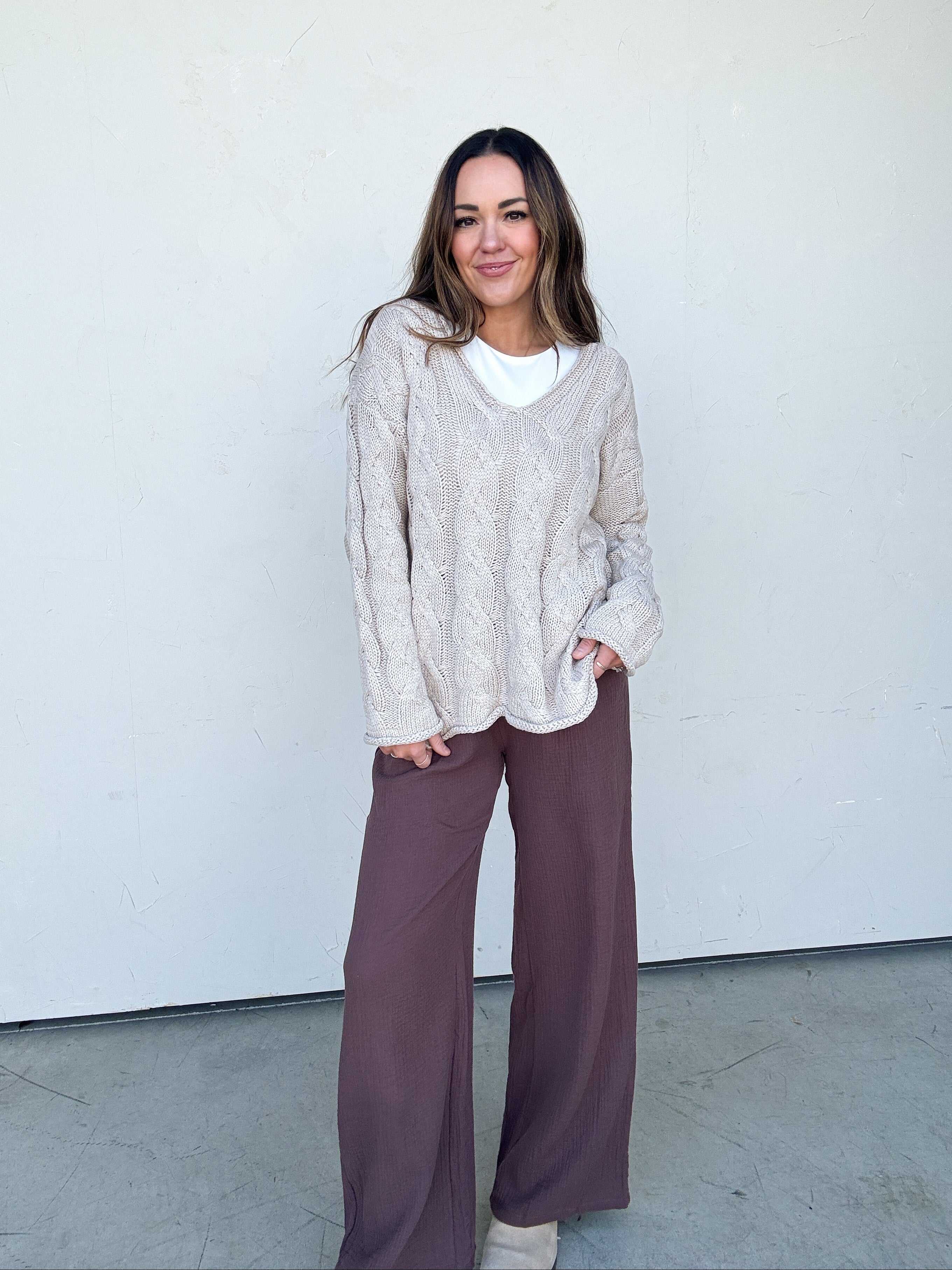 Taupe Cableknit V-Neck Sweater | Elegant Women's Fashion by coolavocek