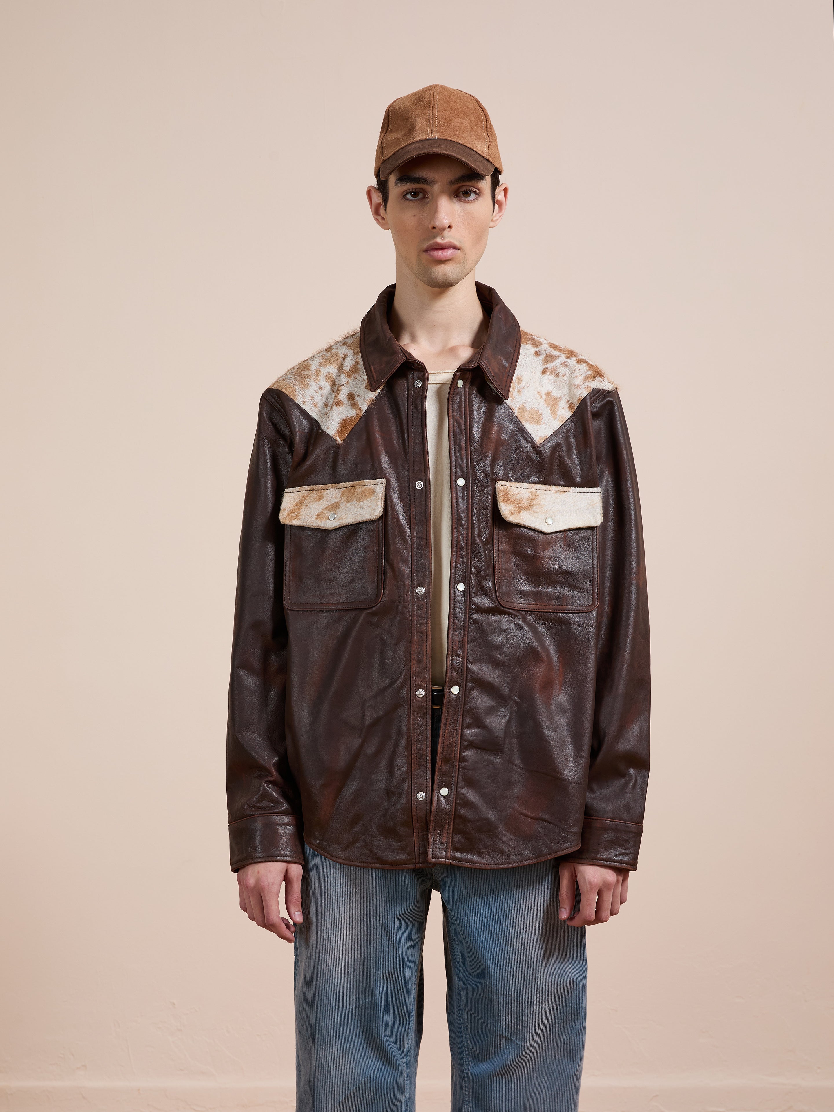 Distressed Leather Cowhide Contrast Western Shirt | Modern Menswear by yycbvcnbmmnbm