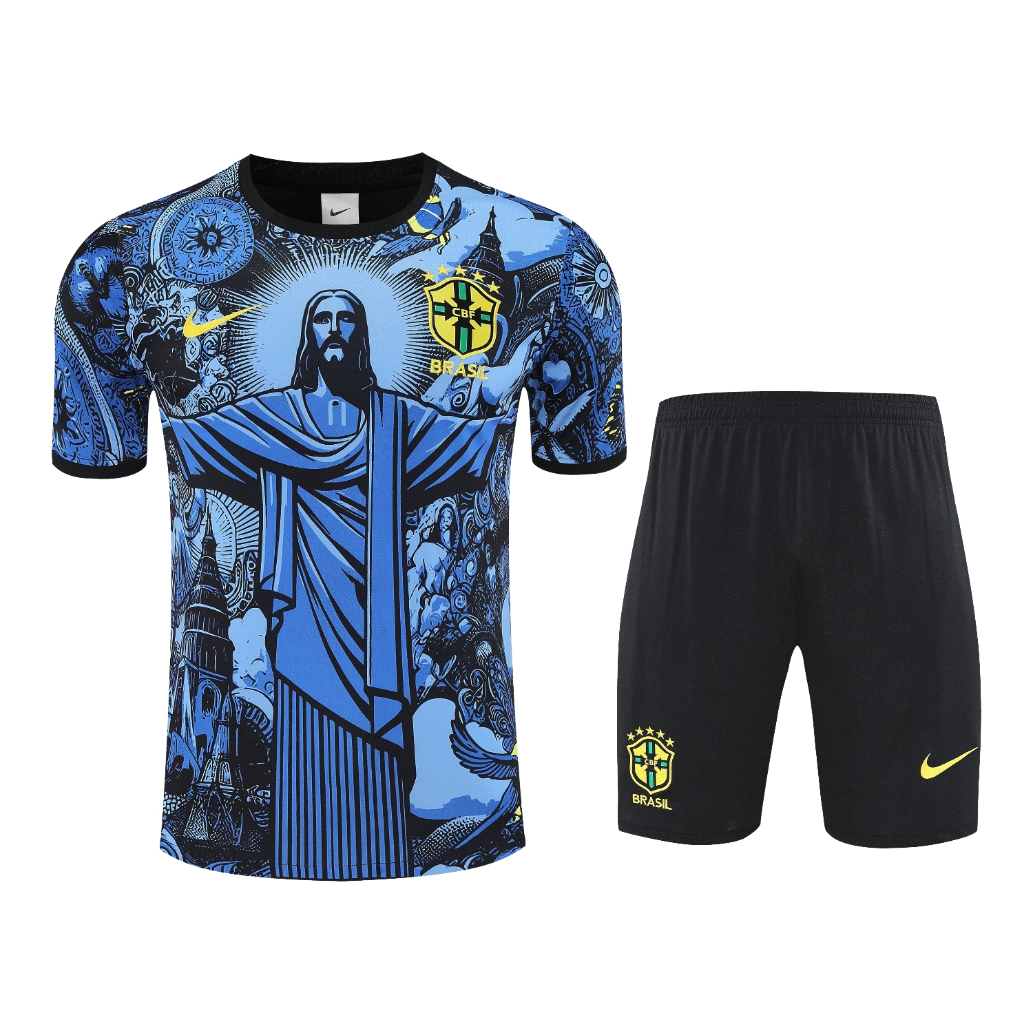 AlphaJersey-Brazil 25-26 Blue Jesus Statue Short-Sleeve Training Set - Blue Top & Black Shorts