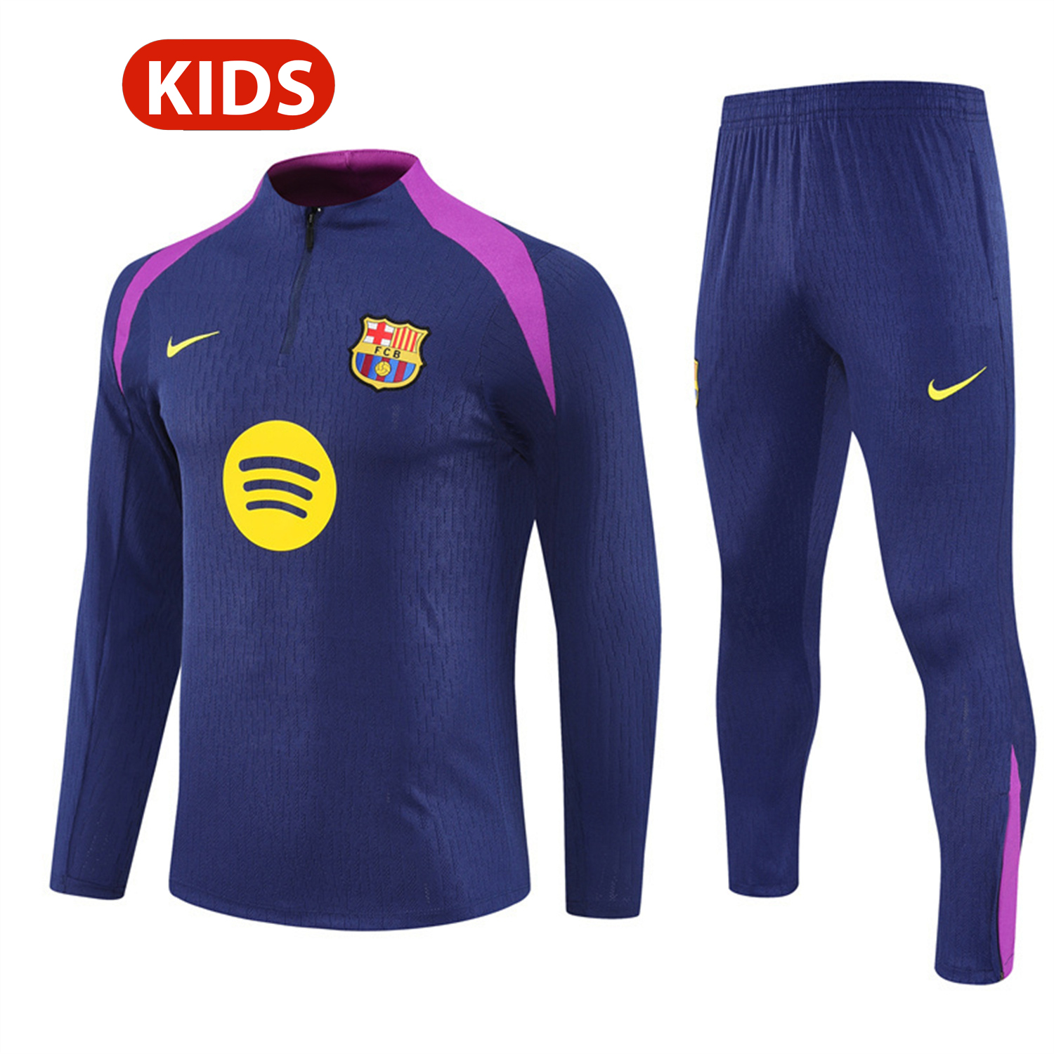AlphaJersey-Barcelona 25-26 Kids Long Sleeve Training Set - Royal Blue Top Yellow Sponsor & Royal Blue Pants