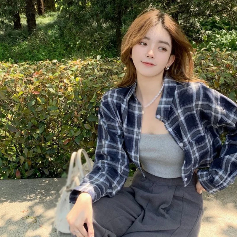 Women Casual Plaid Turn-down Collar Shirts Fall/Spring Girly Long Sleeve Loose Fit Versatile Cropped Blouse Ladies Leisure Top