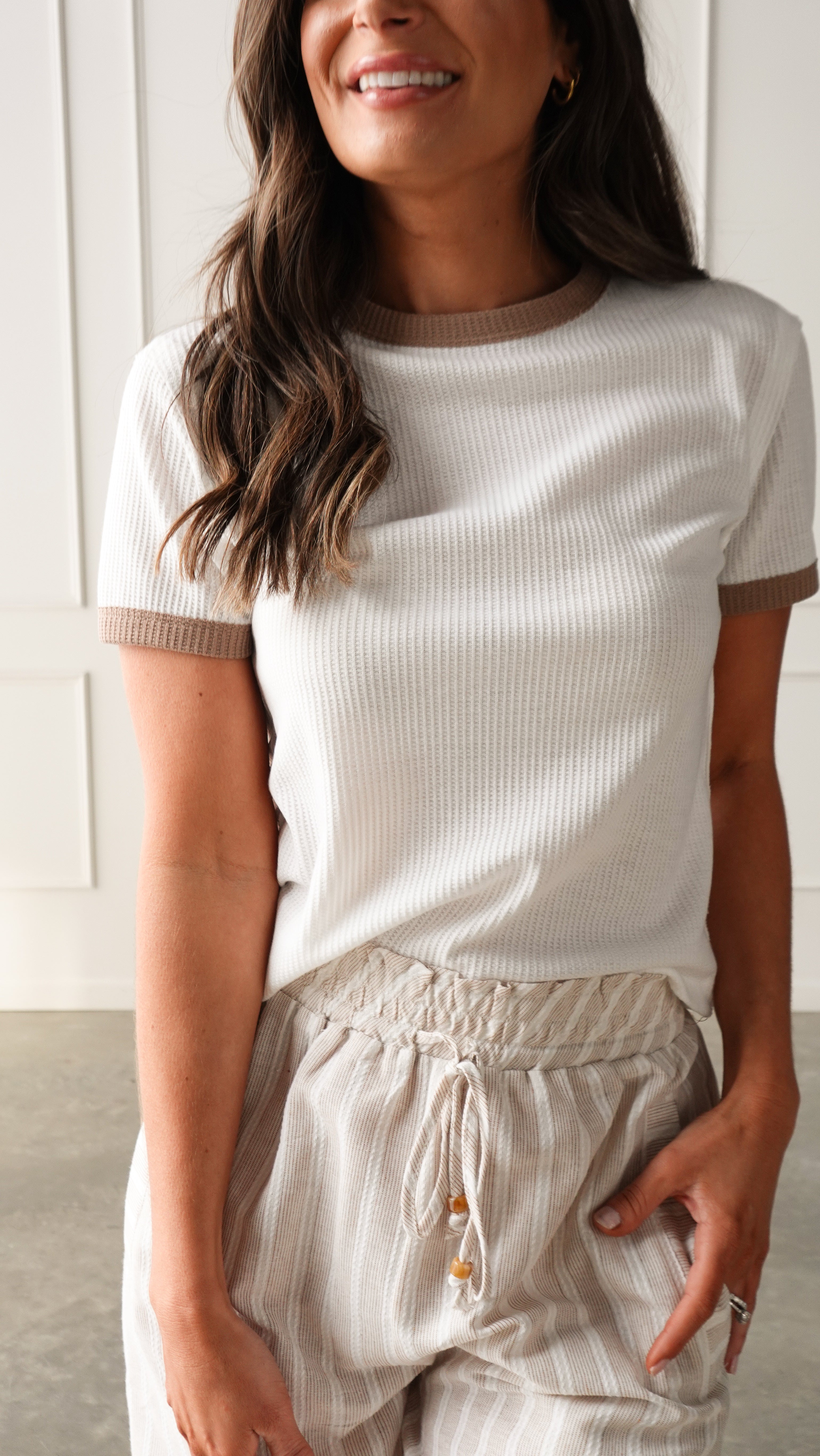 White/Mocha Waffle Tee | Elegant Women's Fashion by coolavocek