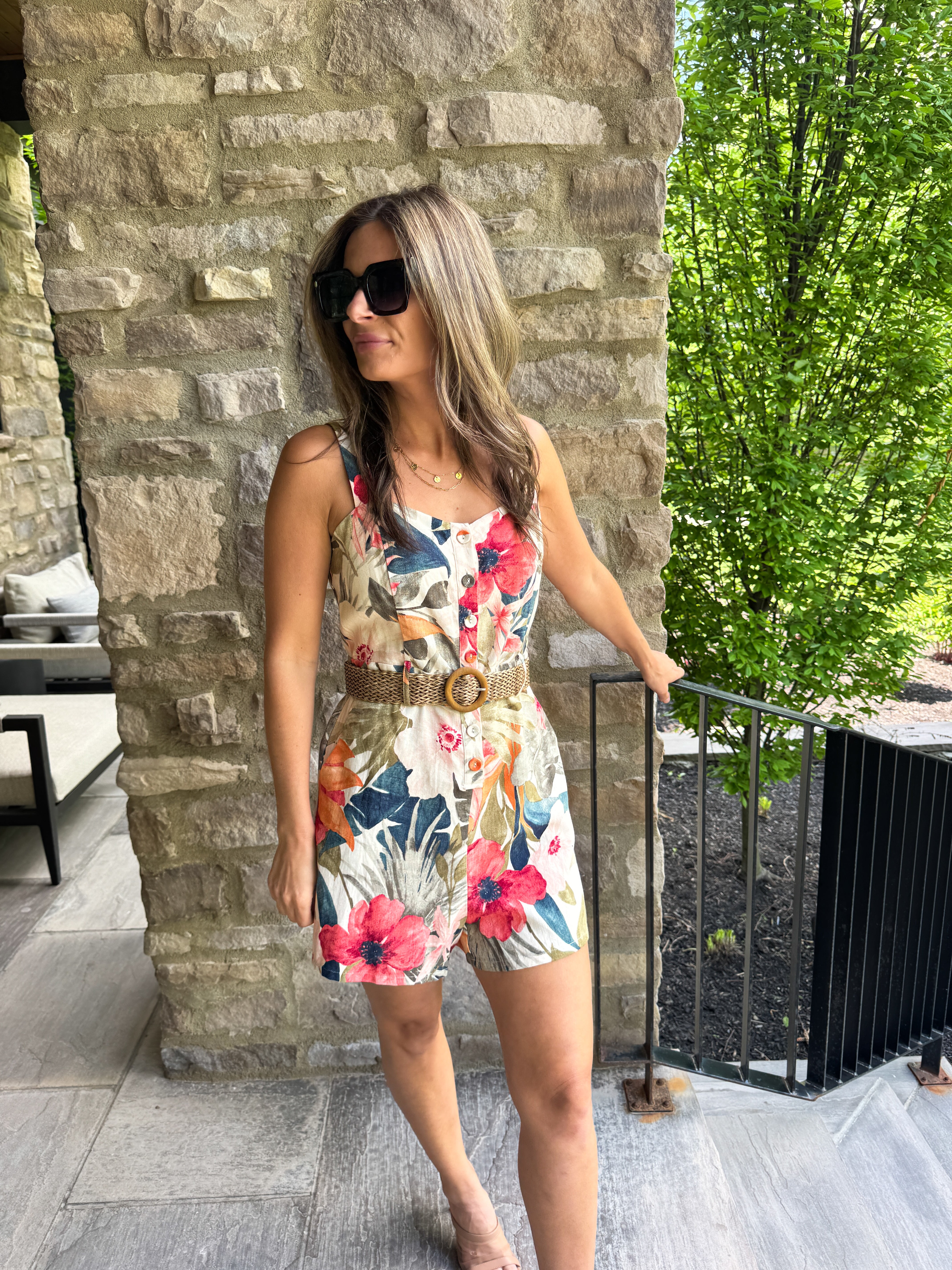 Floral Linen Belted Romper | Elegant Women's Fashion by coolavocek