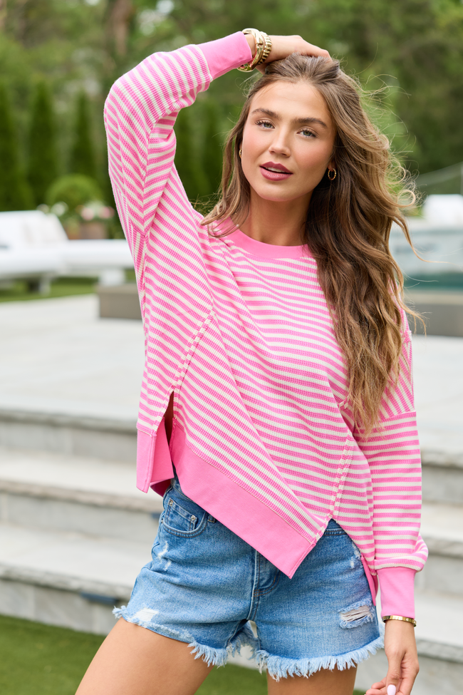 Kara Pink And White Stripe Waffle Pullover | Elegant Women's Fashion by coolavocek