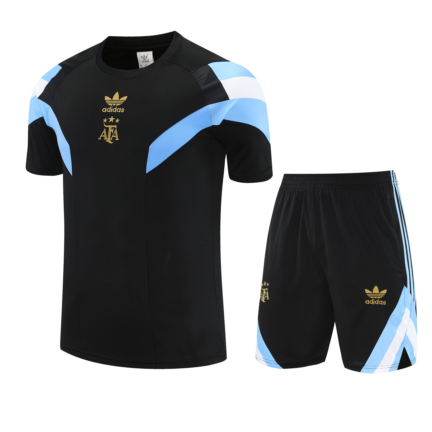 AlphaJersey-Argentina 25-26 Short-Sleeve Training Set - Blue Stripes Black Top & Black Shorts