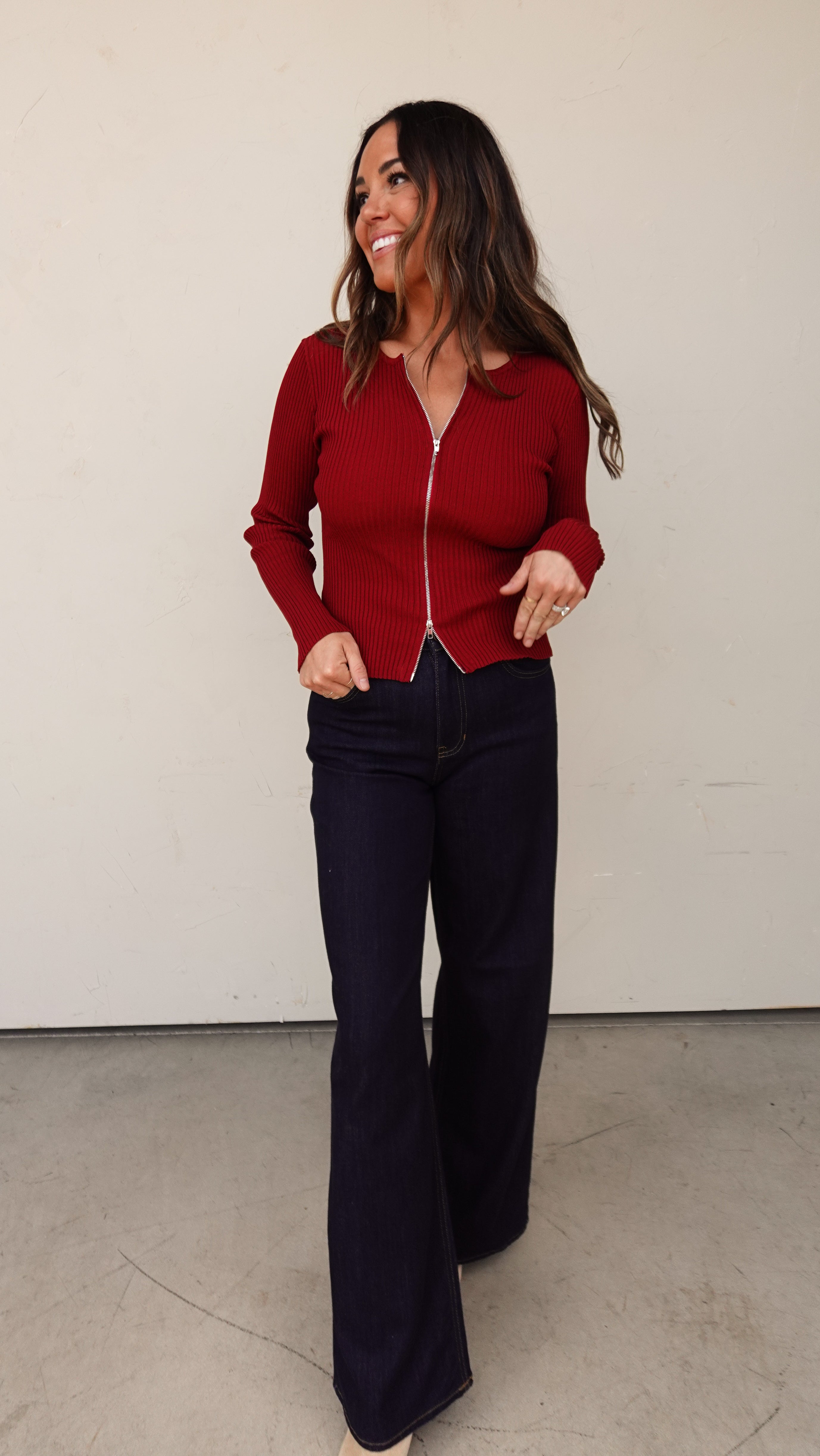 Wine Ribbed Knit Zipper Cardigan | Elegant Women's Fashion by coolavocek