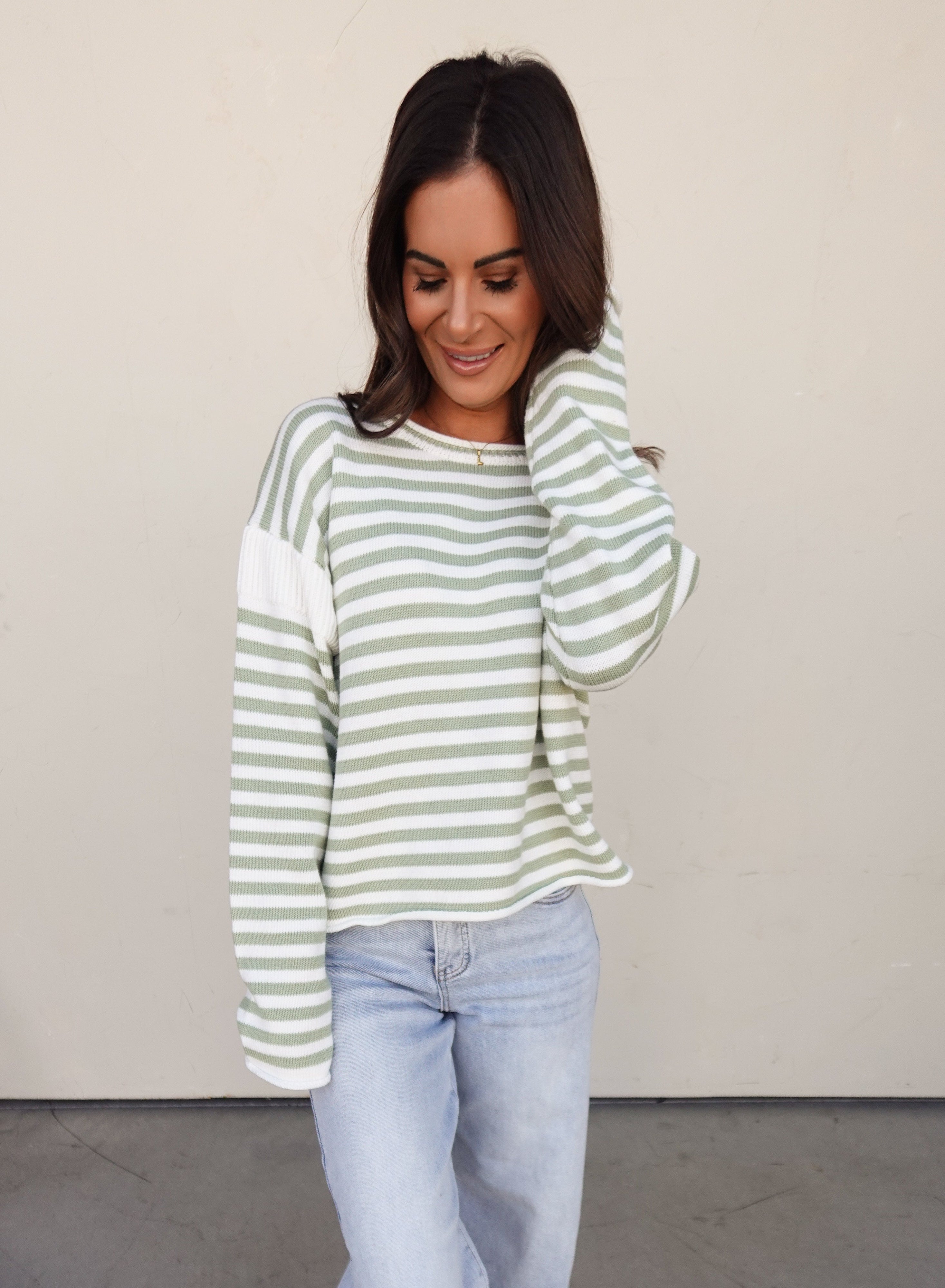 Matcha Striped Rolled-Hem Sweater | Elegant Women's Fashion by coolavocek