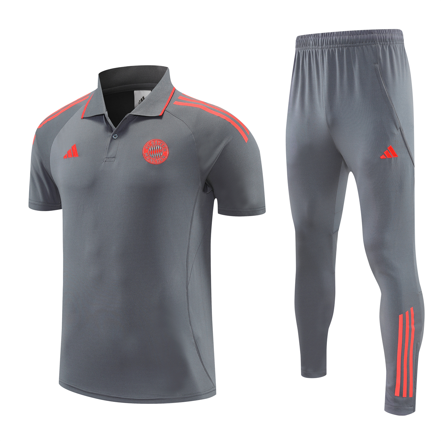 AlphaJersey-Bayern Munich 25-26 POLO Short-Sleeve Training Set - Deep Grey With Red Top and Pants