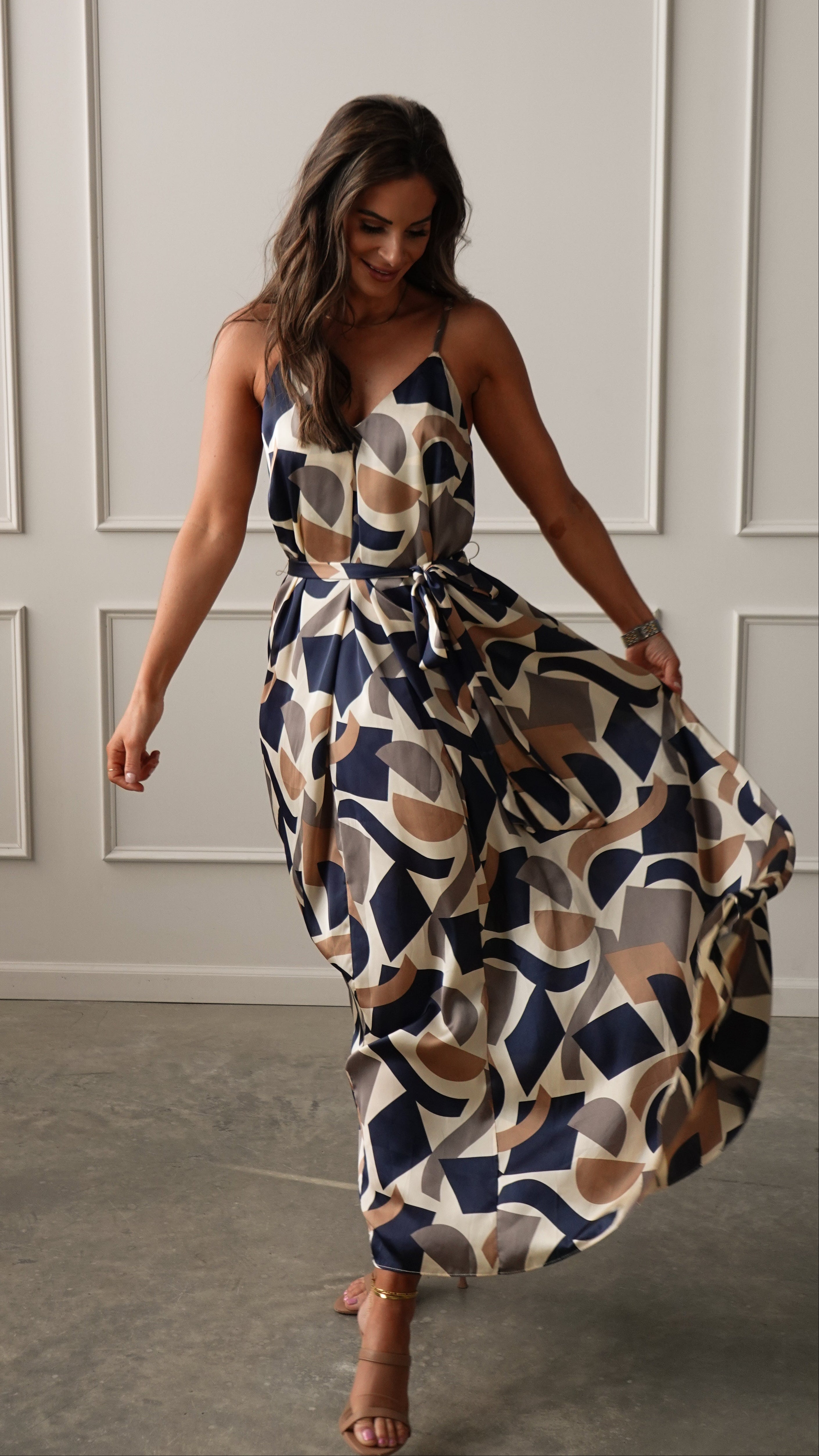 Navy/Taupe Geometric Belted Dress | Elegant Women's Fashion by coolavocek