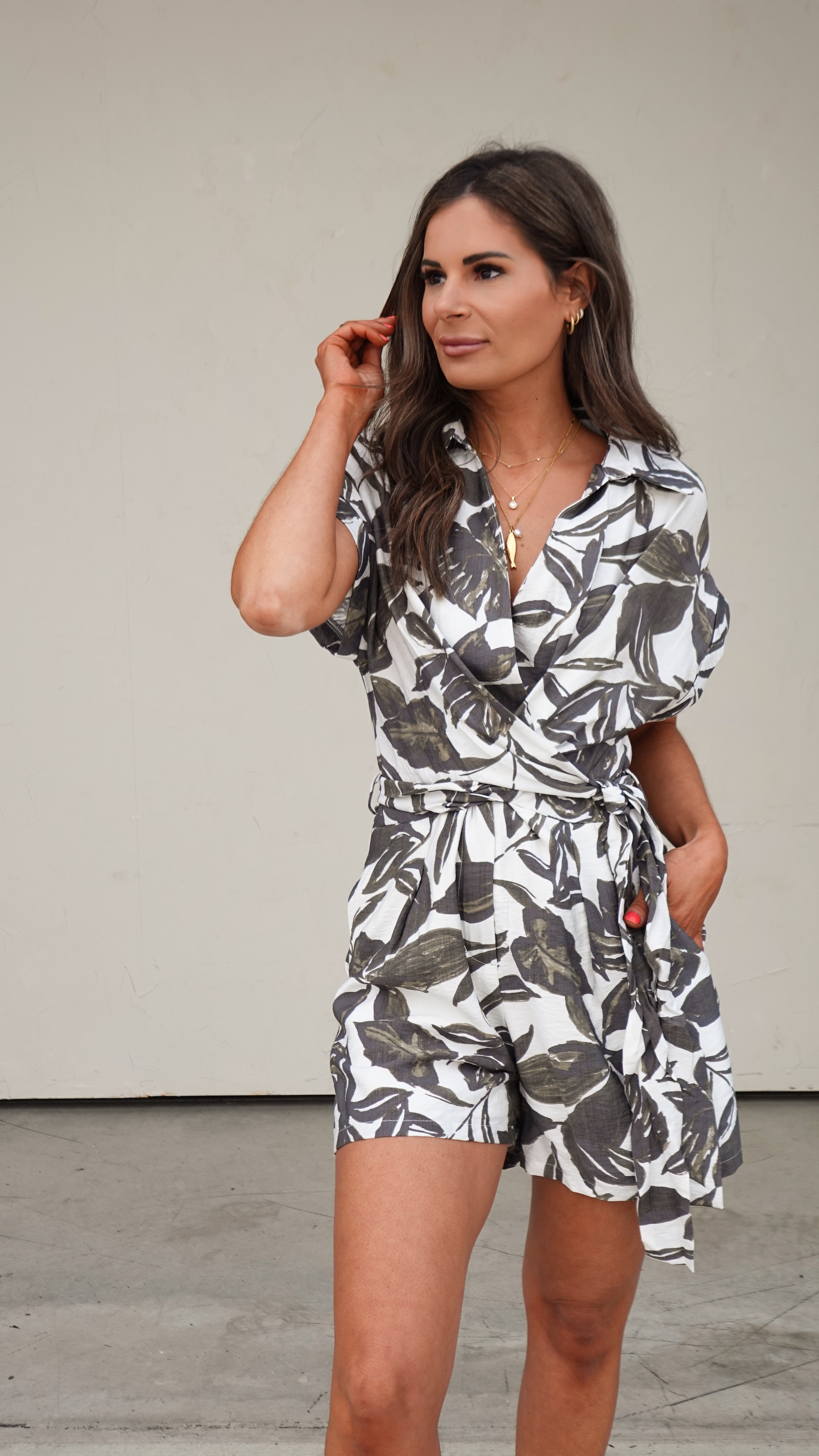 Green Botanical Wrap-Front Romper | Elegant Women's Fashion by coolavocek