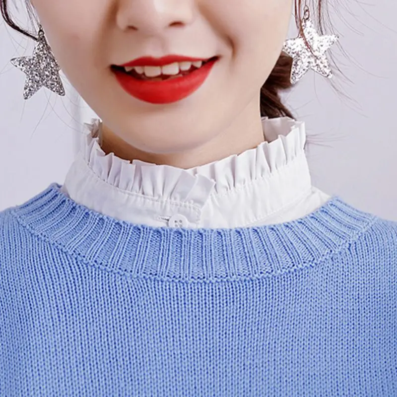 Womens Elegant Wrinkled Ruffles Fake Stand Collar Basic Layering Pure White Sweater Accessory Autumn Detachable Half-Shirt Blous