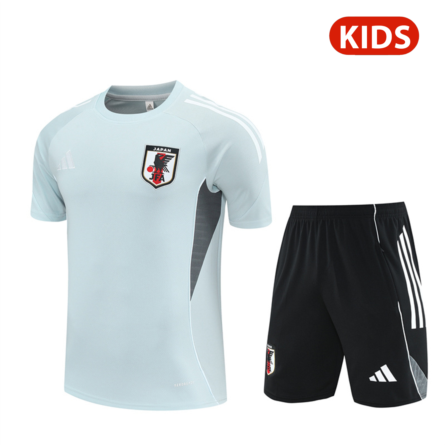 AlphaJersey-Japan 25-26 Kids Short-Sleeve Training Set - Light Blue Top and Black Shorts