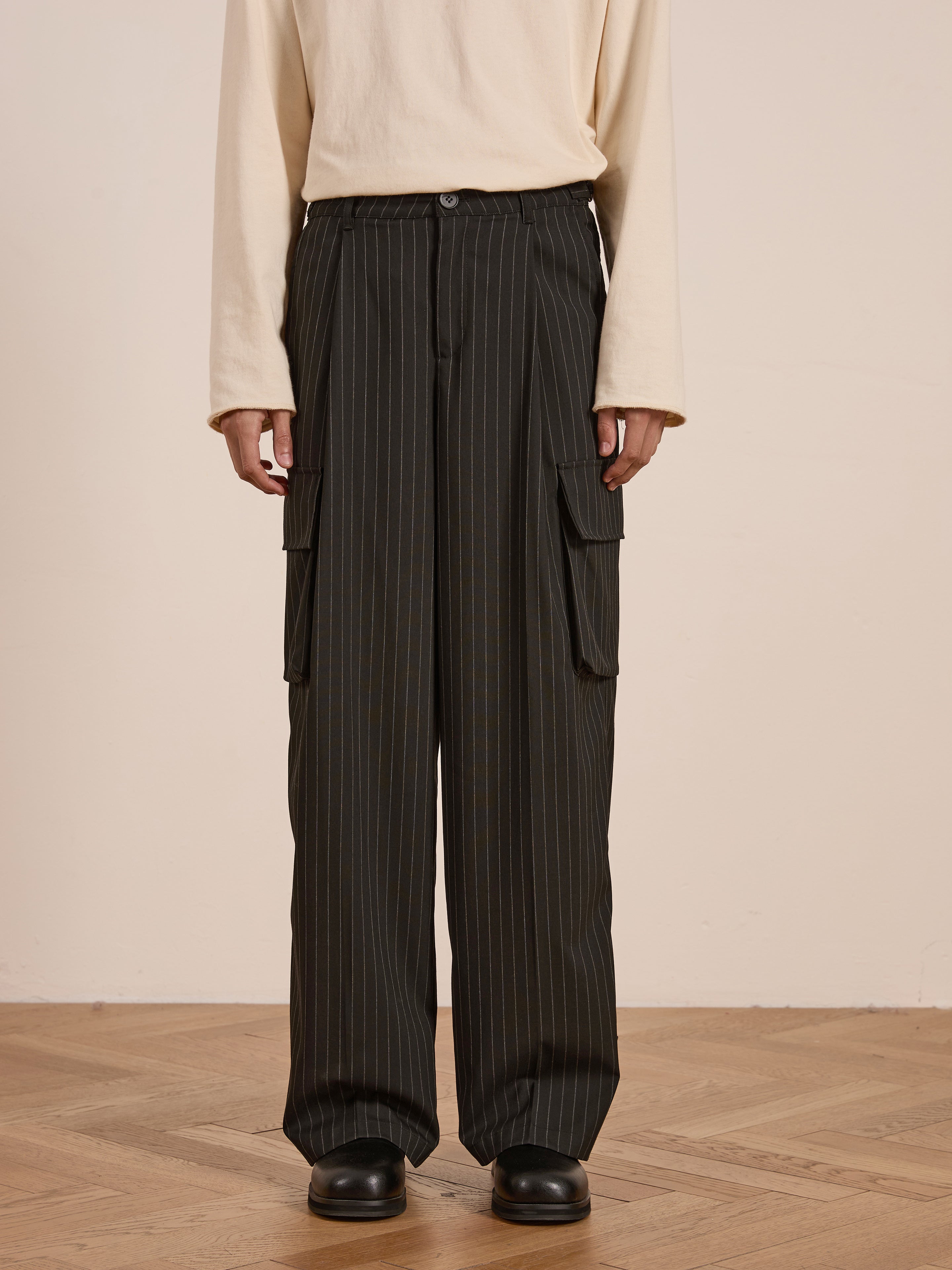 Hava Pinstripe Pleated Cargo Trousers | Modern Menswear by yycbvcnbmmnbm