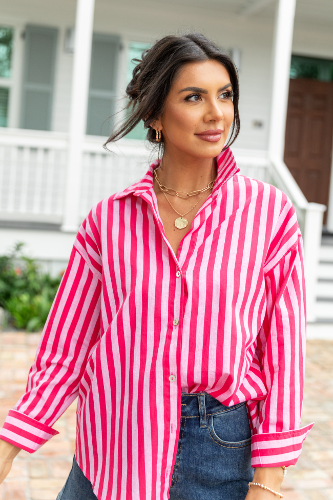 Drew Pink Striped Button Down Top | Elegant Women's Fashion by coolavocek