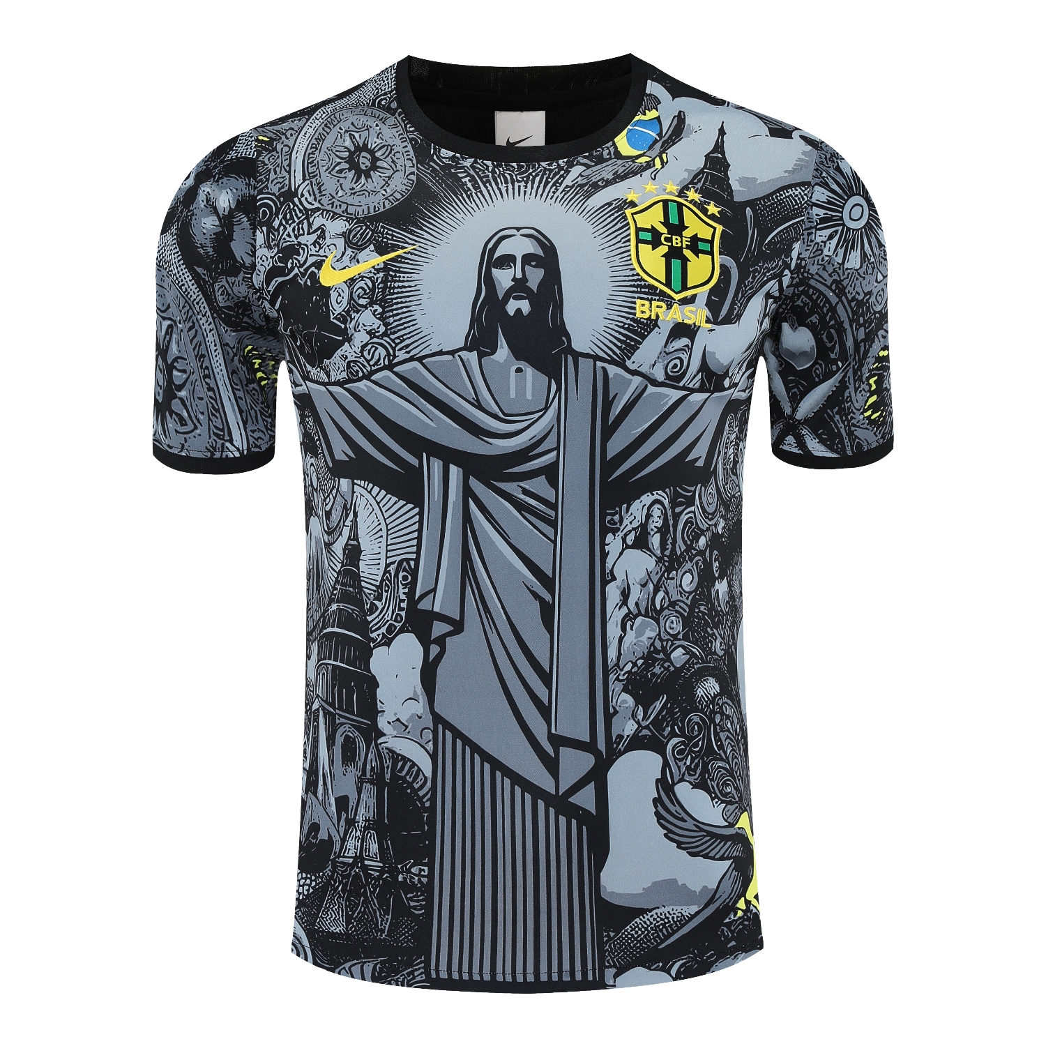 AlphaJersey-Brazil 25-26 Gray Jesus Statue Short-Sleeve Training Set - Gray Top & Black Shorts