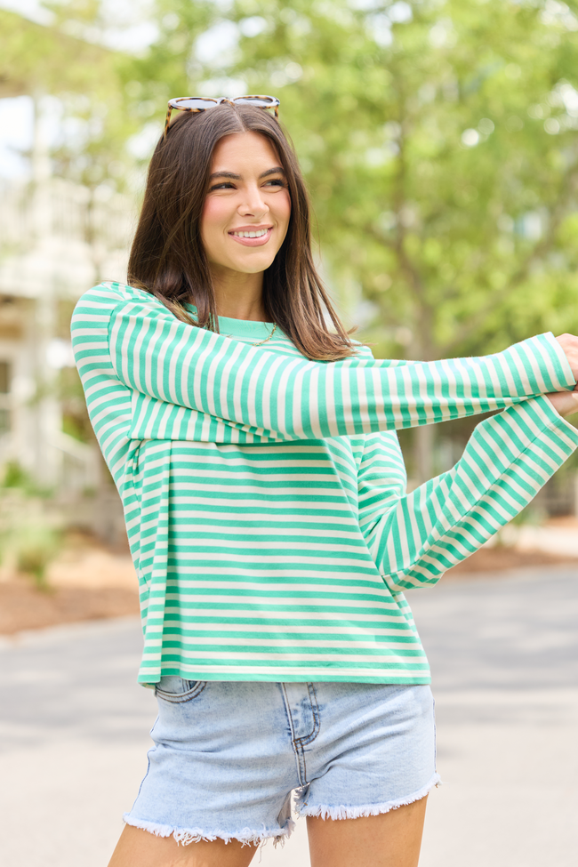 Nylah Green Striped Long Sleeve Crewneck Top | Elegant Women's Fashion by coolavocek