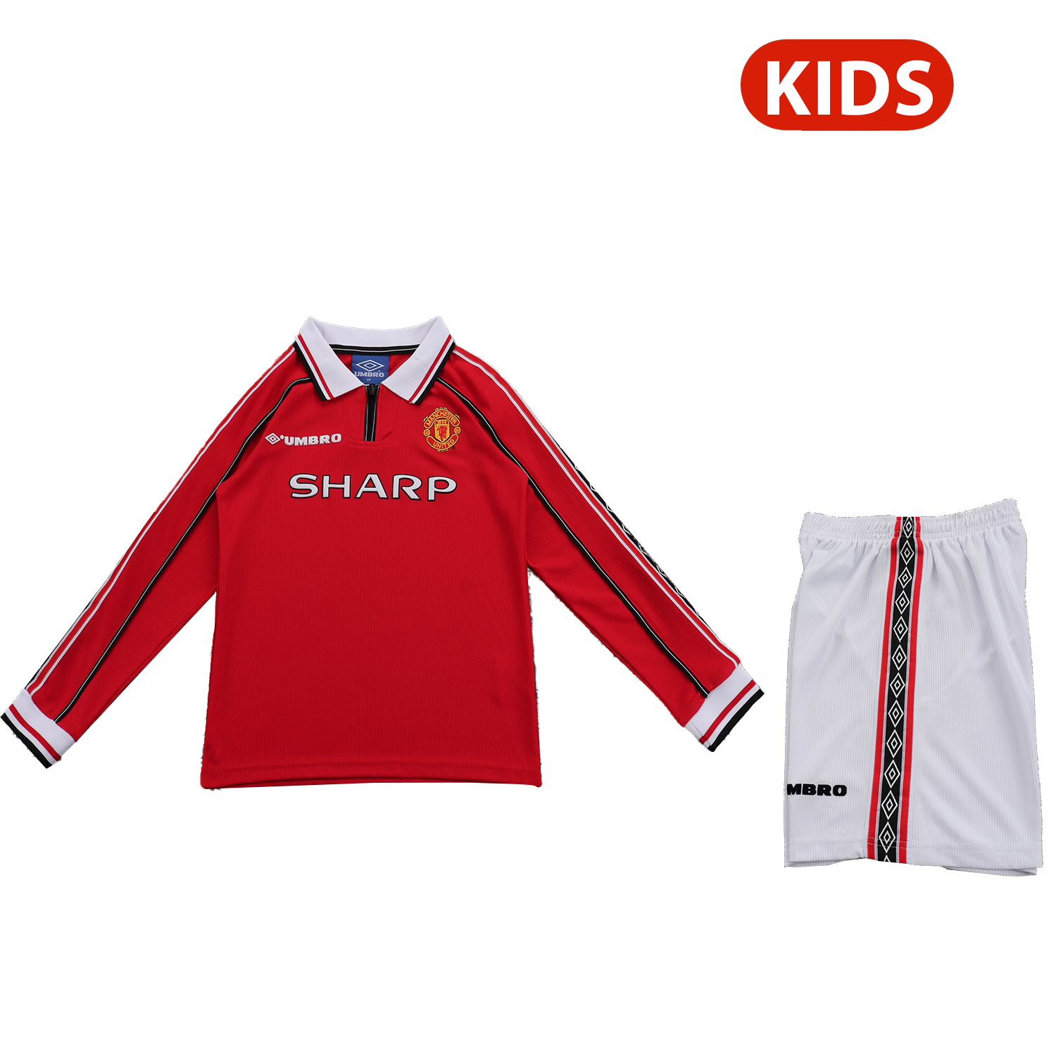 AlphaJersey-Retro Manchester United 1998-99 Home Long Sleeves Kids Kit