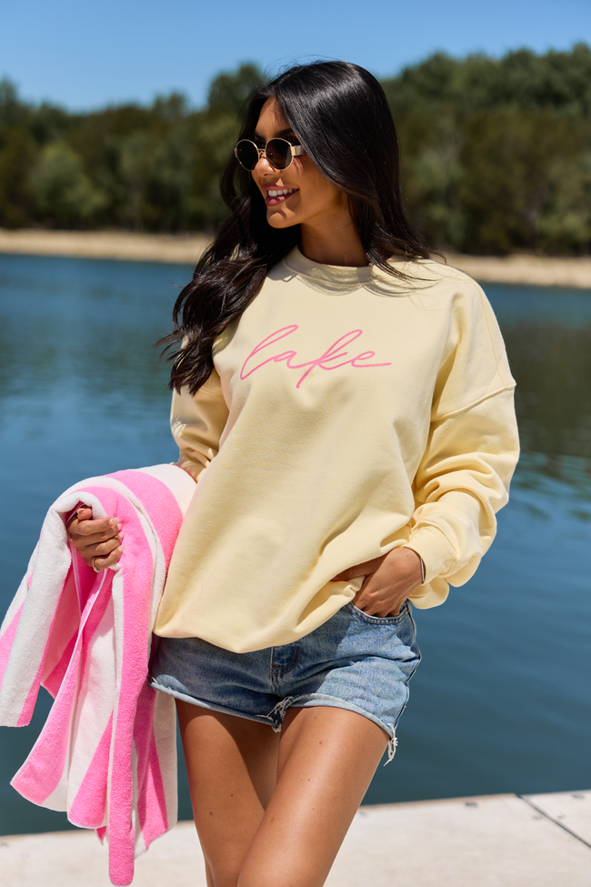Lake Script Yellow Graphic Sweatshirt | Elegant Women's Fashion by coolavocek