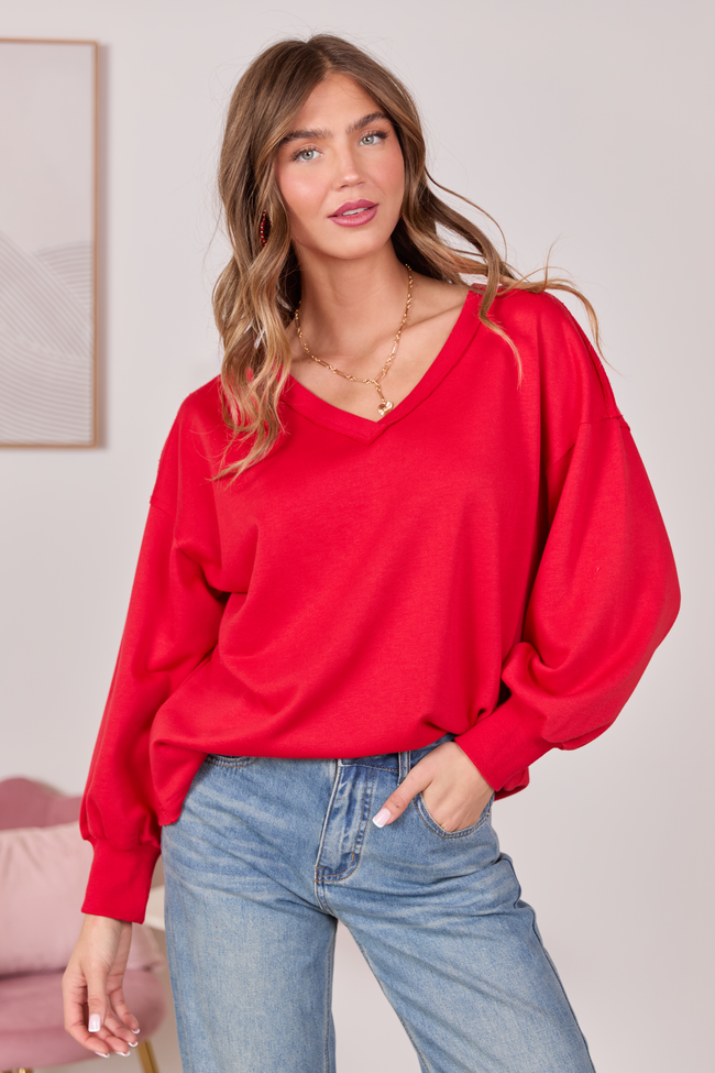 Masyn Red V-Neck Pullover SALE | Elegant Women's Fashion by coolavocek