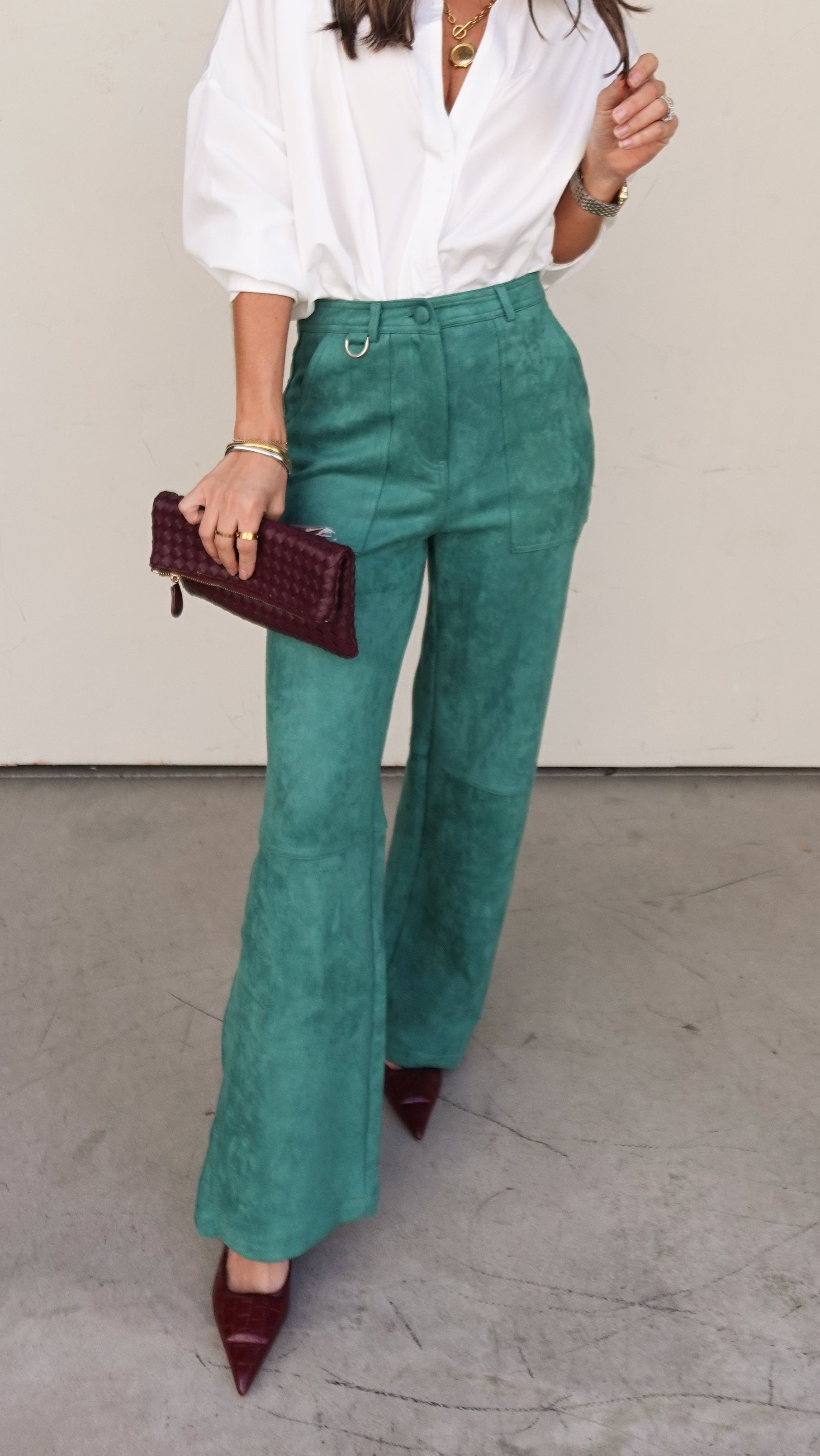 Green Suede Utility Pant | Elegant Women's Fashion by coolavocek