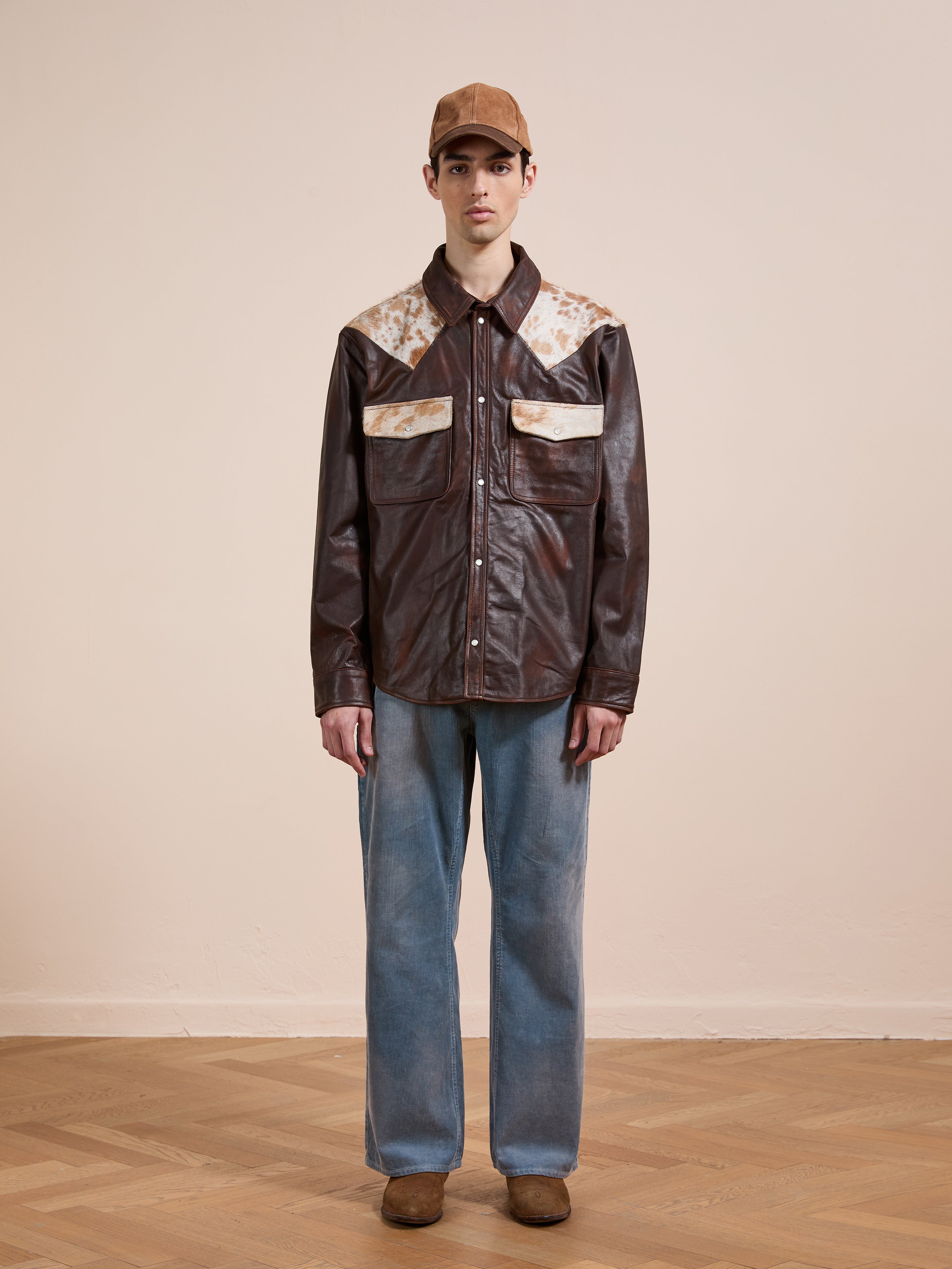 Distressed Leather Cowhide Contrast Western Shirt | Modern Menswear by yycbvcnbmmnbm