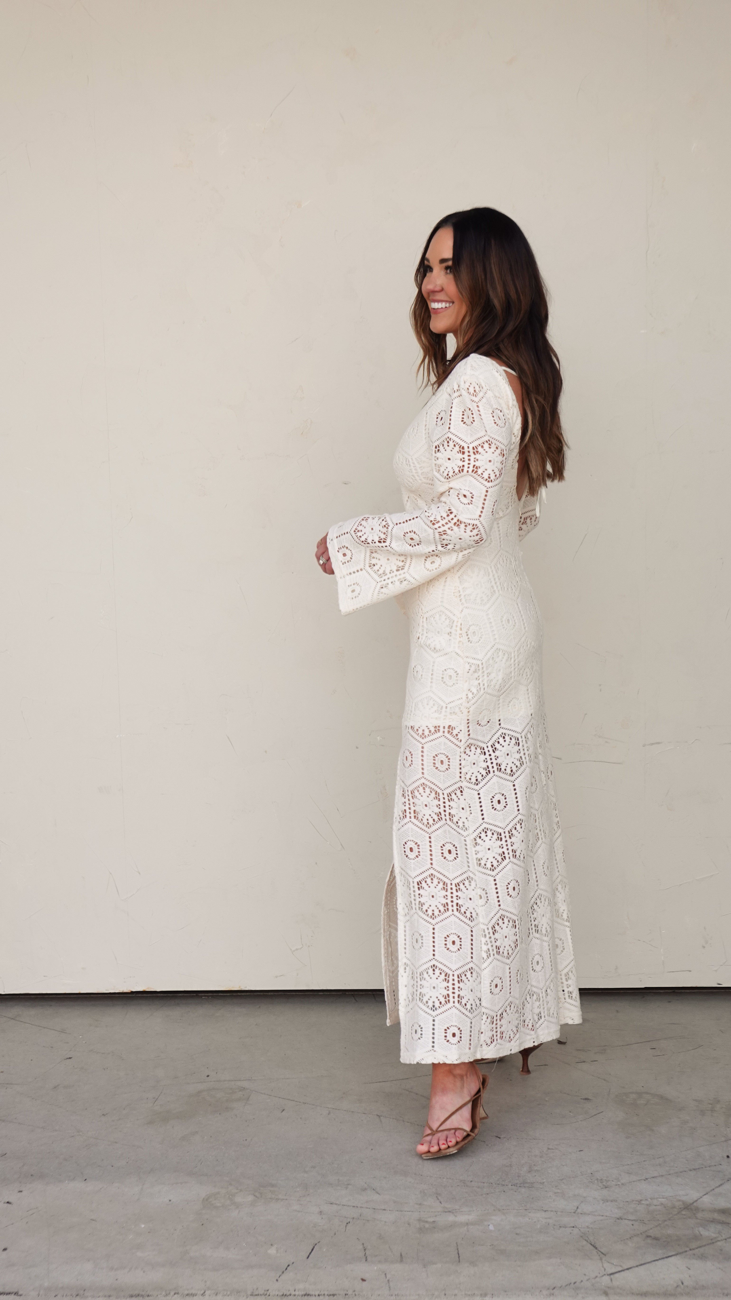 Ivory Crochet Long-Sleeve Maxi Dress | Elegant Women's Fashion by coolavocek