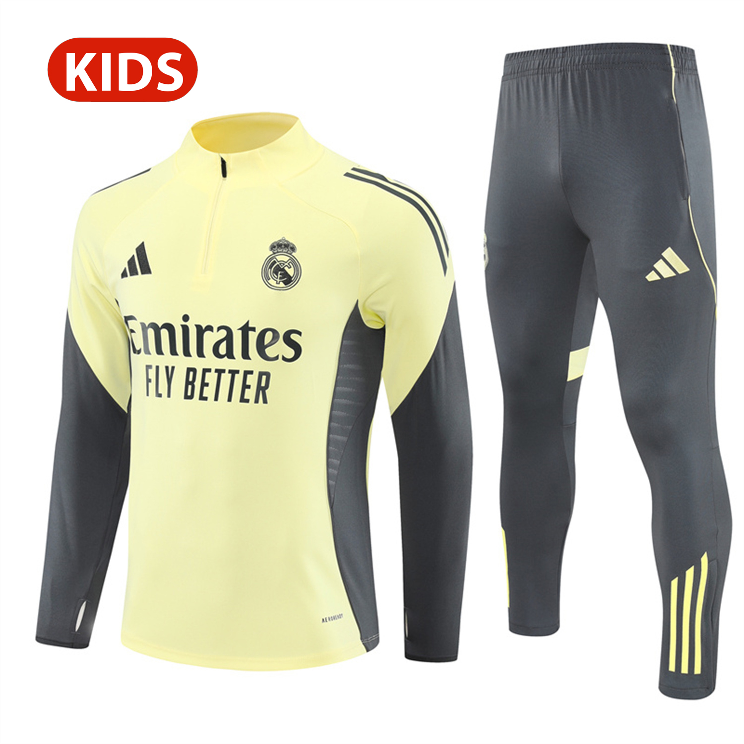 AlphaJersey-Real Madrid 25-26 Kid Long Sleeves Training Set - Yellow Top & Gray Pants