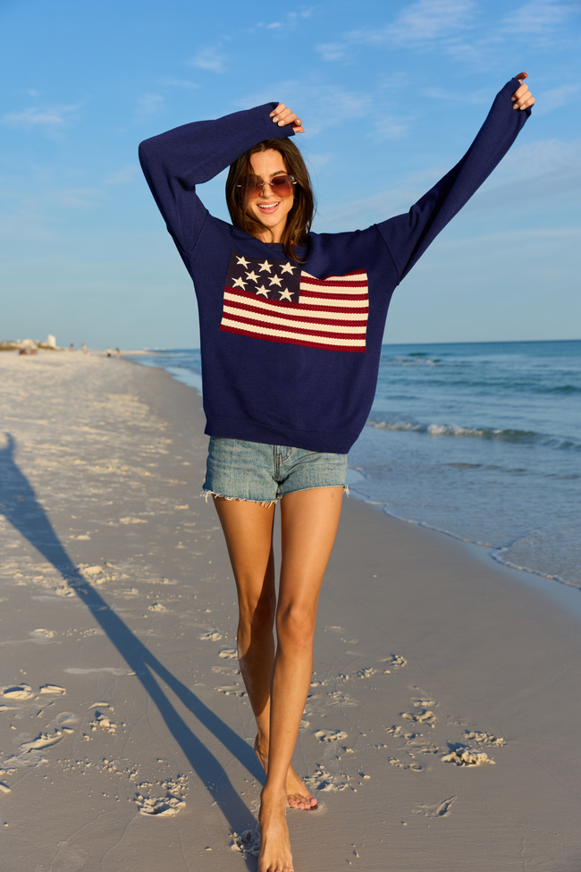 Home Of The Free Navy Textured Flag Sweater DOORBUSTER | Elegant Women's Fashion by coolavocek