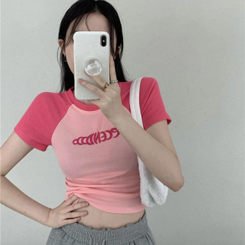 Cartoon Letter Print Tops Tshirt Women Korean Style Slim Sexy  Elasticity T-Shirt Clothes Womens Summer Streetwear Tee Crop Tops